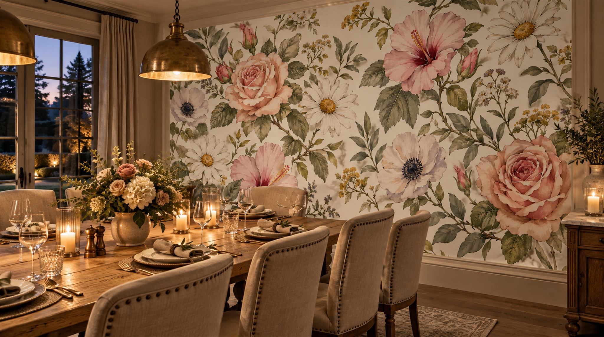 Cream And Neutral Abstract Forms Painterly Wallpaper Mural Dining-room-wallpaper-murals, Shown In A Dining Room, Peel-and-stick Finish