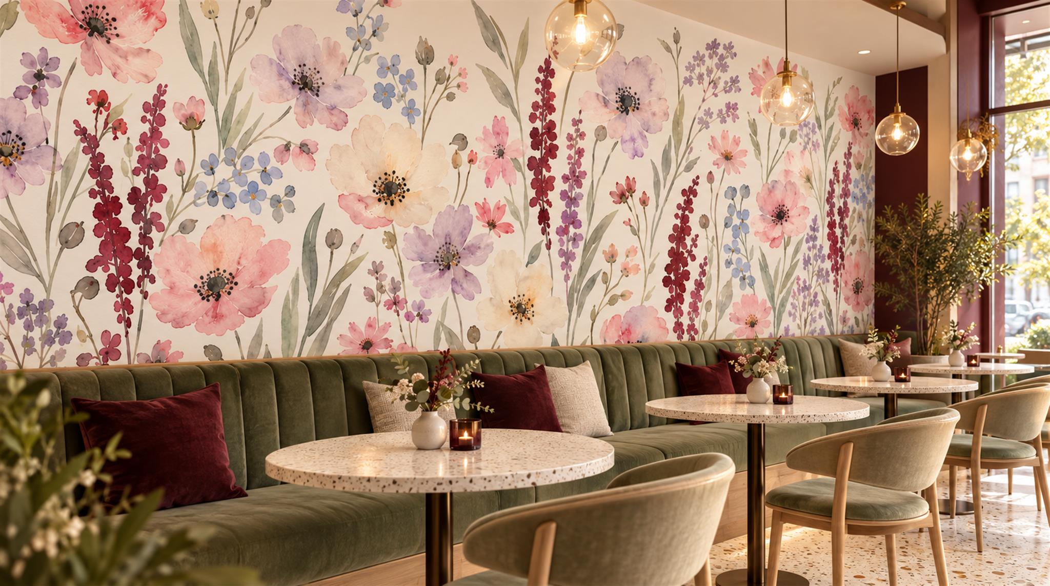 Soft Pastel And Neutral Floral Forms Wallpaper Mural Cafe-wallpaper-murals, Peel-and-stick Finish