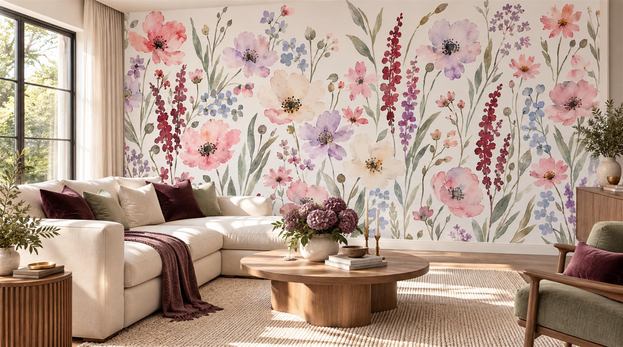 Soft Pastel And Neutral Floral Forms Wallpaper Mural Living-room-wallpaper-murals, Shown In A Living Room, Peel-and-stick Finish