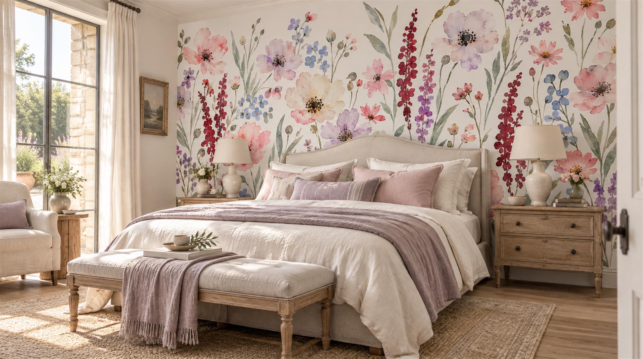 Soft Pastel And Neutral Floral Forms Wallpaper Mural Bedroom-wallpaper-murals, Peel-and-stick Finish
