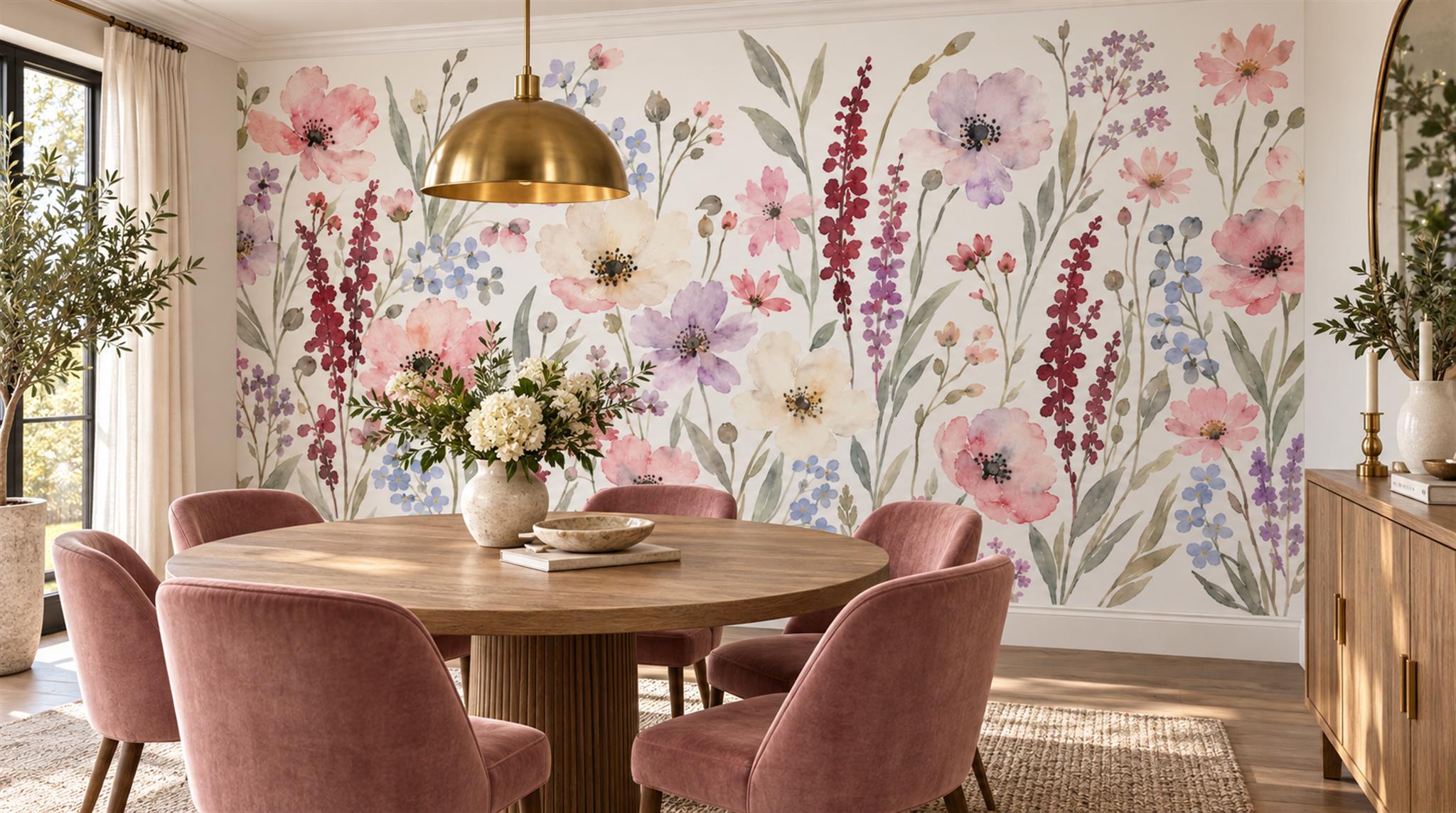 Soft Pastel And Neutral Floral Forms Wallpaper Mural Cafe-wallpaper-murals, Peel-and-stick Finish