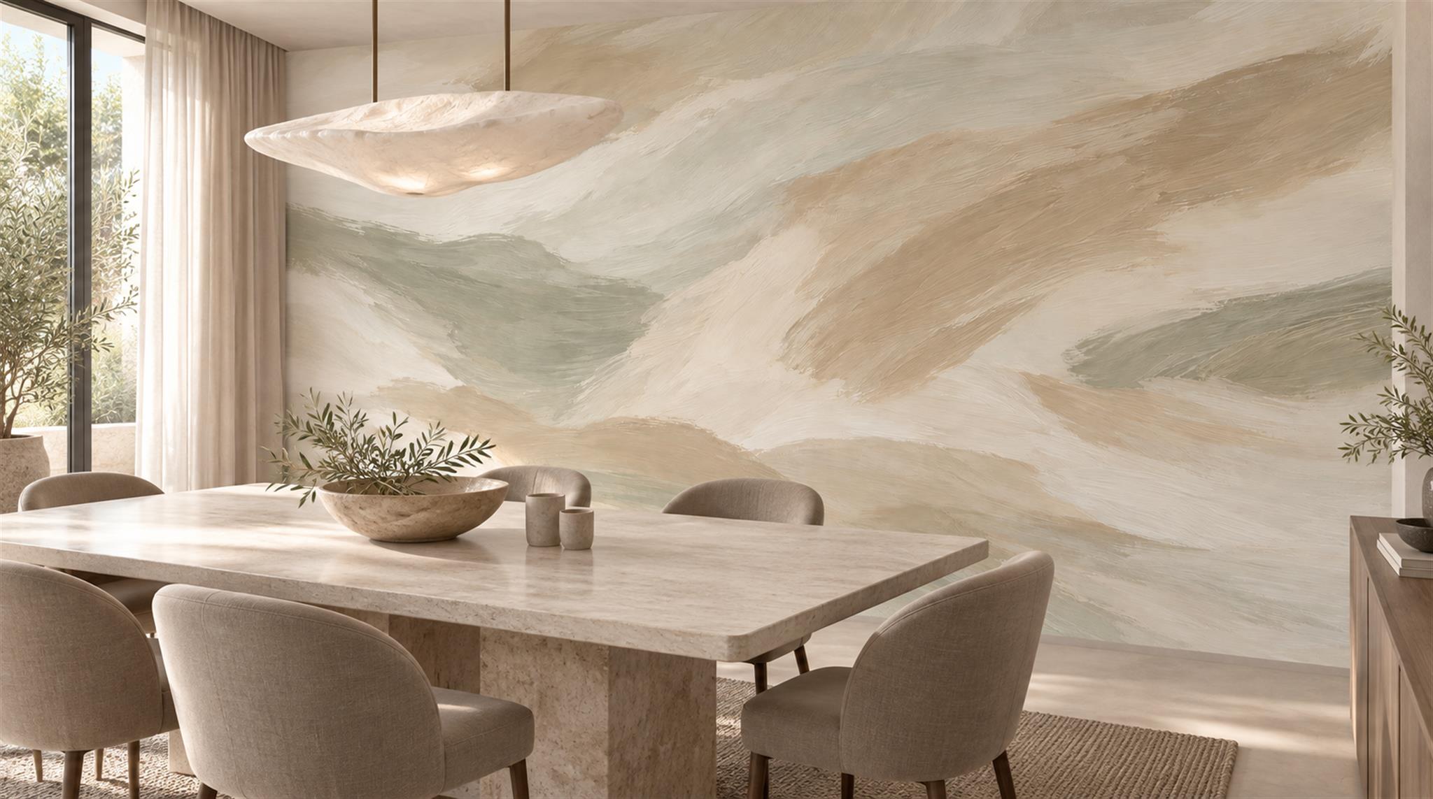 Beige And Neutral Abstract Forms Decorative Wallpaper Mural Dining-room-wallpaper-murals, Peel-and-stick Finish