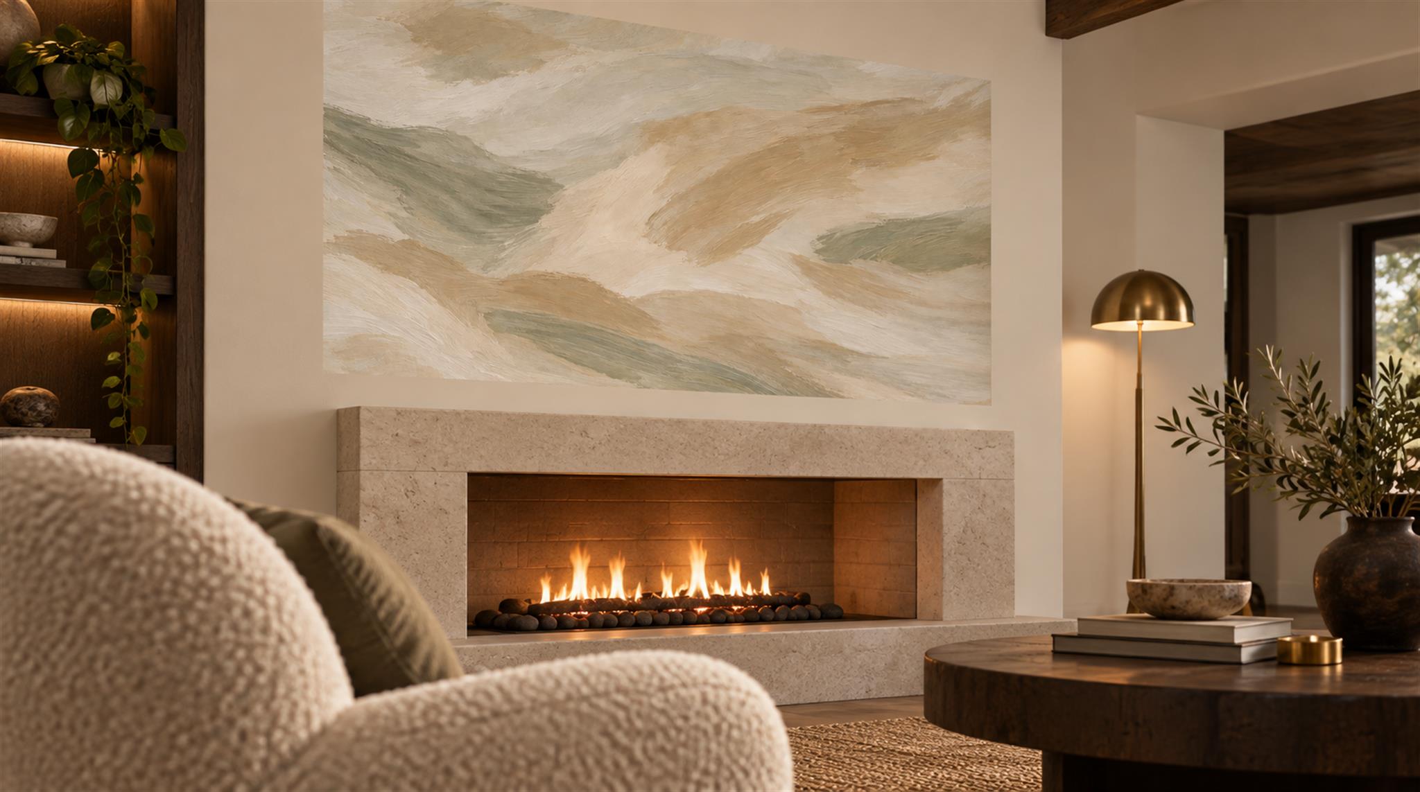 Beige And Neutral Abstract Forms Decorative Wallpaper Mural Accent-wall-wallpaper-murals, Peel-and-stick Finish