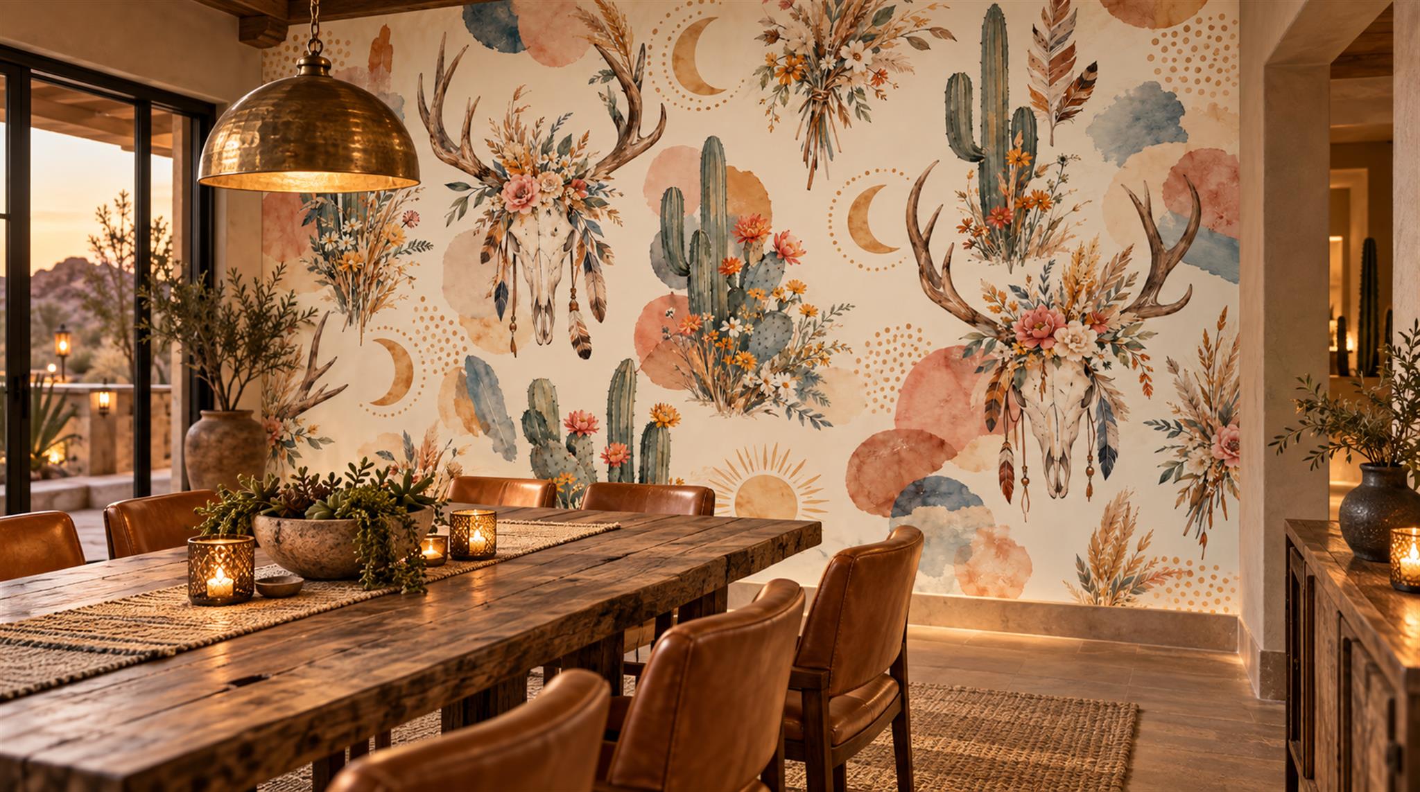 Cream And Red Leaf Patterning Decorative Wallpaper Mural Dining-room-wallpaper-murals, Shown In A Dining Room, Peel-and-stick Finish