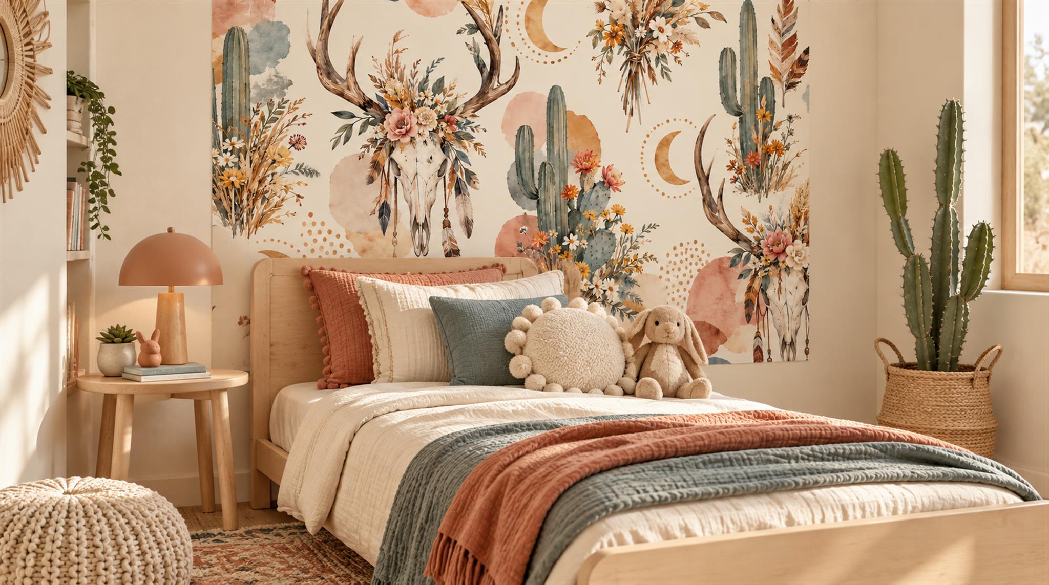 Cream And Red Leaf Patterning Decorative Wallpaper Mural Kids-room-wallpaper-murals, Peel-and-stick Finish