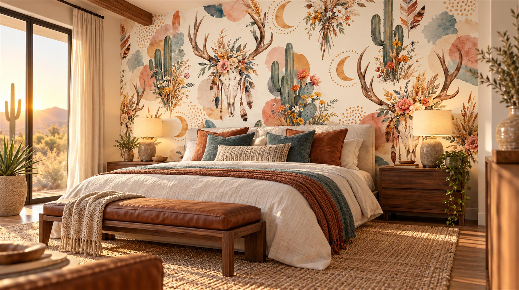 Cream And Red Leaf Patterning Decorative Wallpaper Mural Bedroom-wallpaper-murals, Peel-and-stick Finish