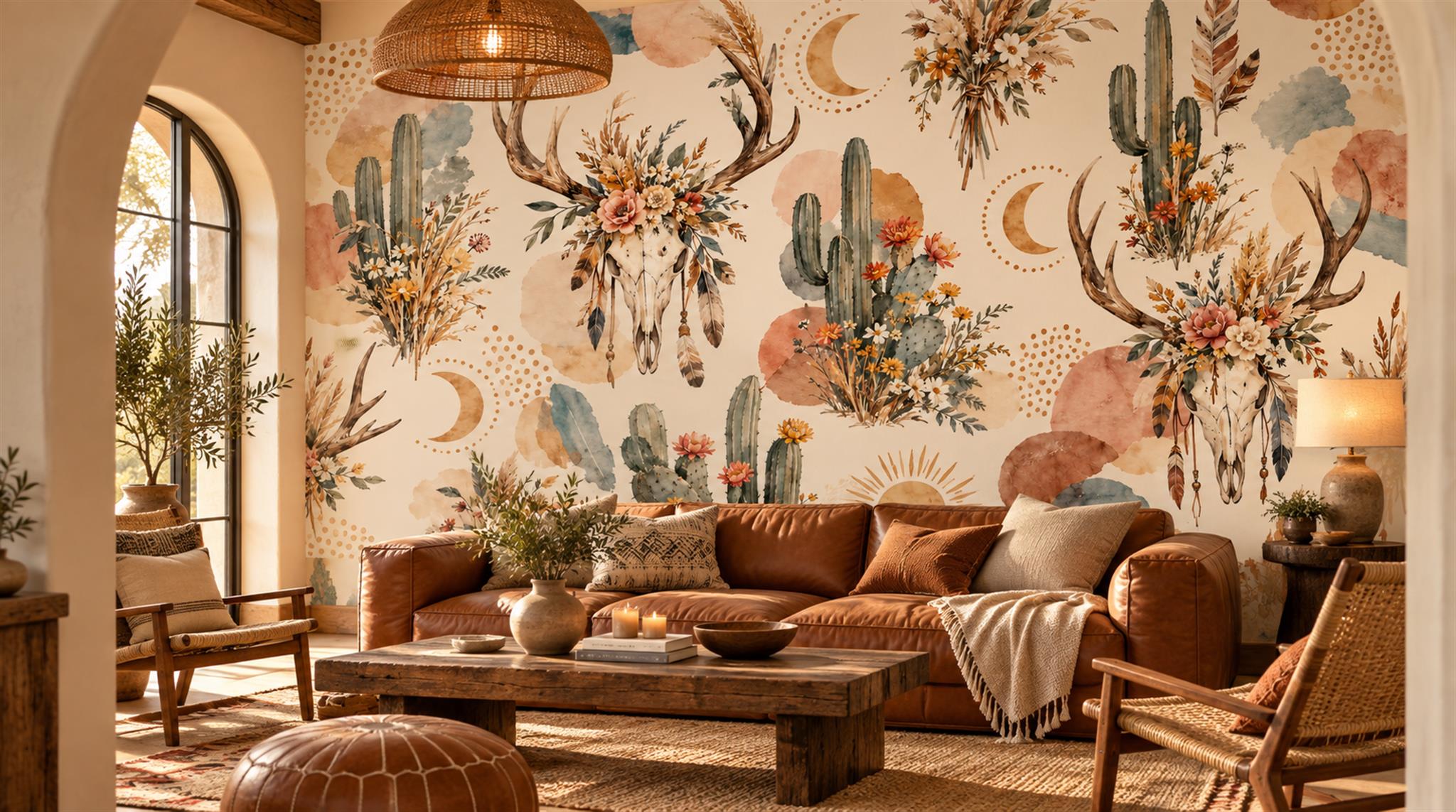 Cream And Red Leaf Patterning Decorative Wallpaper Mural Accent-wall-wallpaper-murals, Peel-and-stick Finish