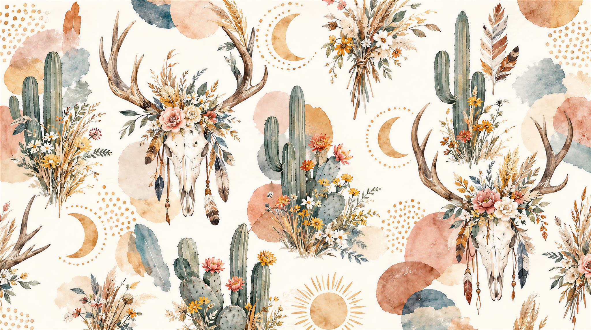 Desert Floral Skull And Cactus Wallpaper Mural — Wallpaper Mural Design, Peel-and-stick Finish
