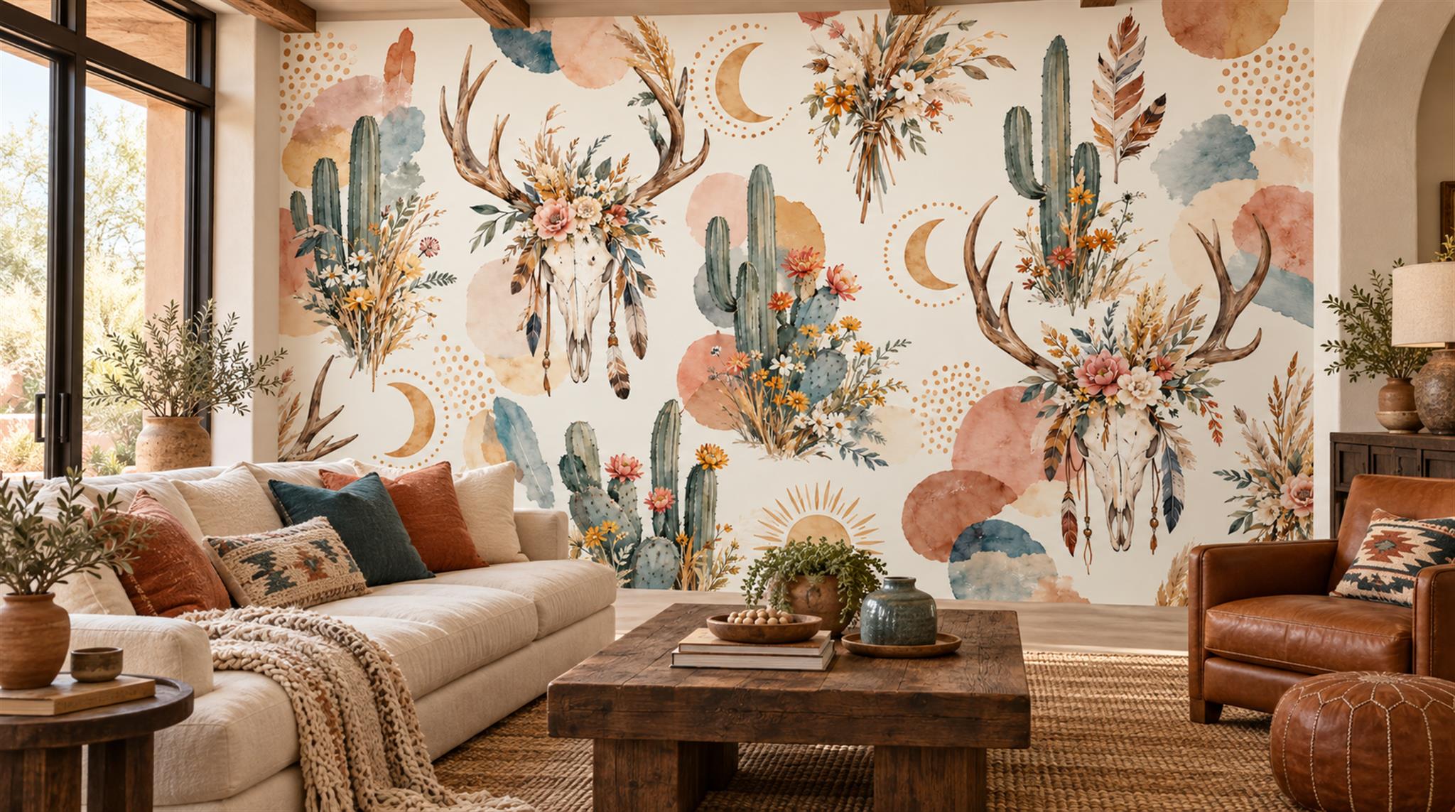 Cream And Red Leaf Patterning Decorative Wallpaper Mural Living-room-wallpaper-murals, Shown In A Living Room, Peel-and-stick Finish