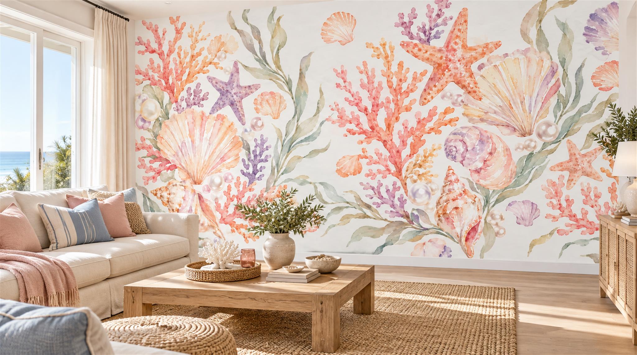 Pastel Coral And Seashell Wallpaper Mural — Wallpaper Mural Design, Peel-and-stick Finish