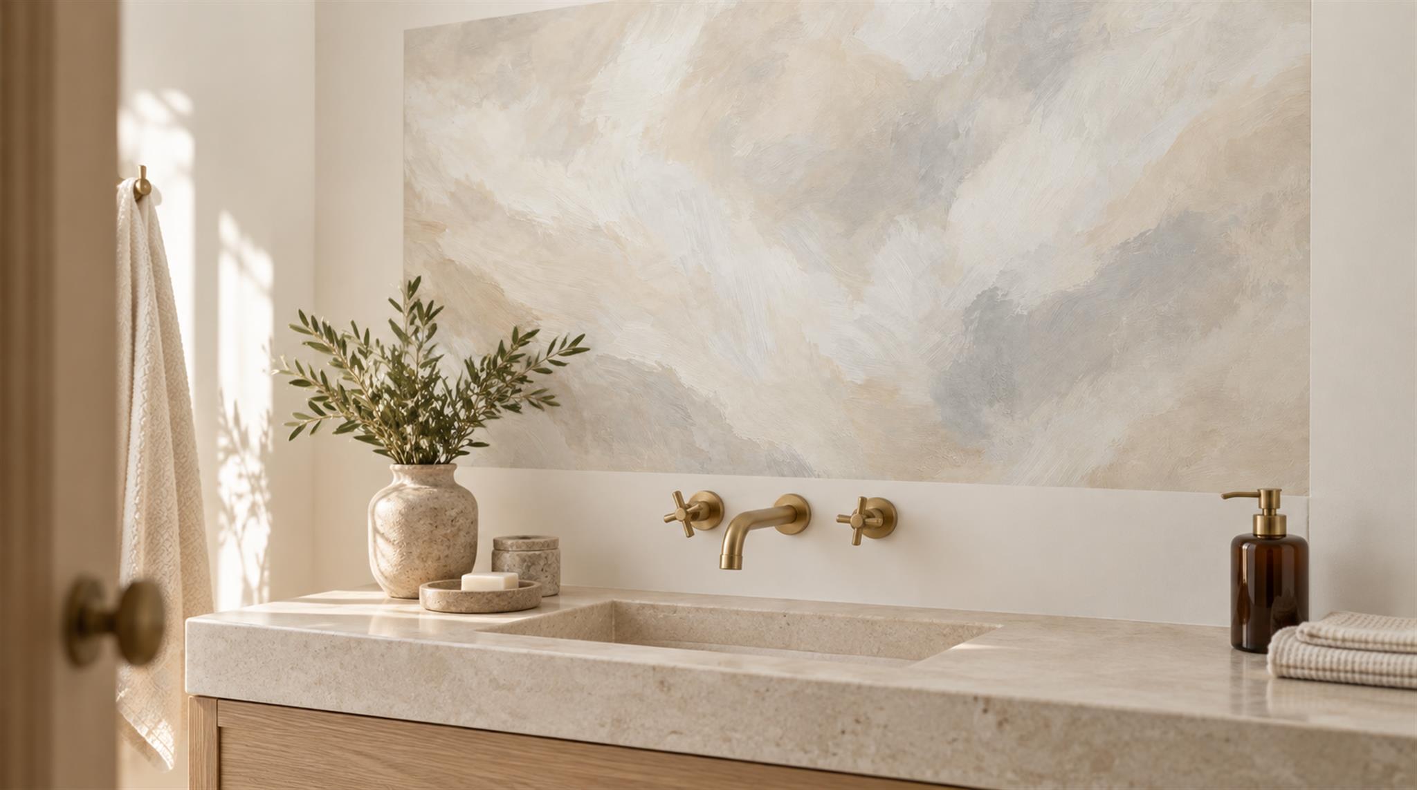 Ivory And Neutral Decorative Patterning Textured Wallpaper Mural Bathroom-wallpaper-murals, Peel-and-stick Finish