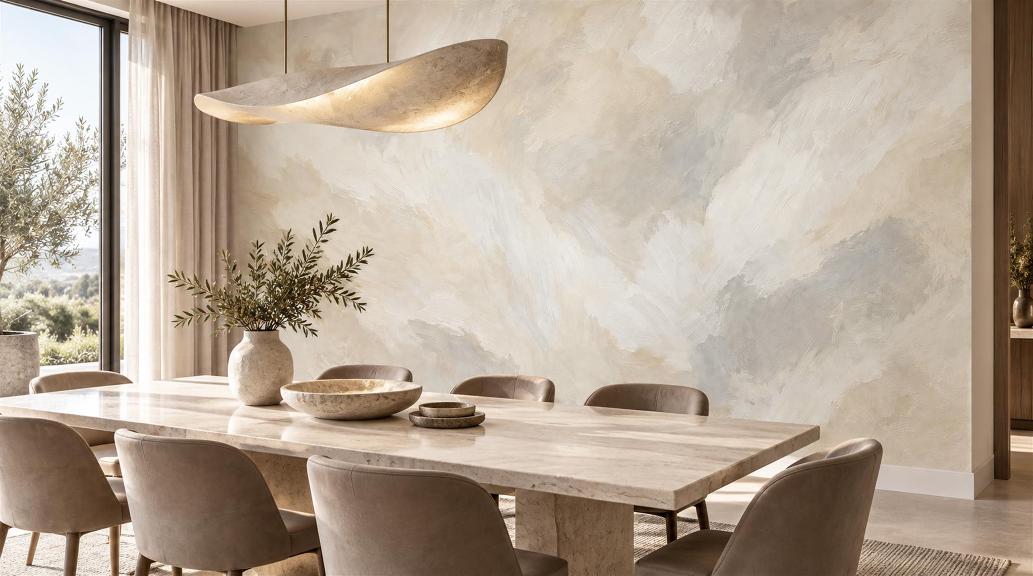 Ivory And Neutral Decorative Patterning Textured Wallpaper Mural Dining-room-wallpaper-murals, Shown In A Dining Room, Peel-and-stick Finish