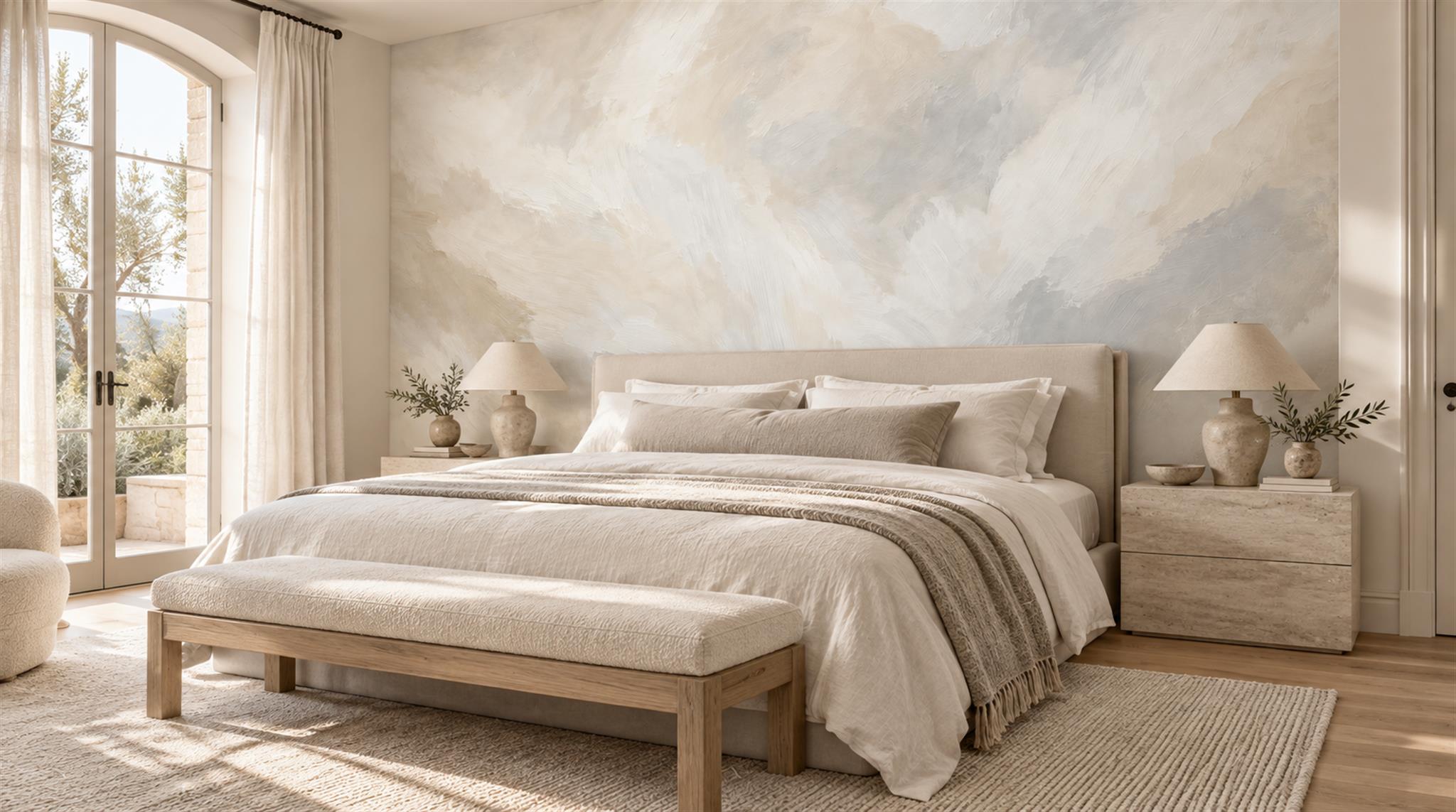 Ivory And Neutral Decorative Patterning Textured Wallpaper Mural Bedroom-wallpaper-murals, Peel-and-stick Finish