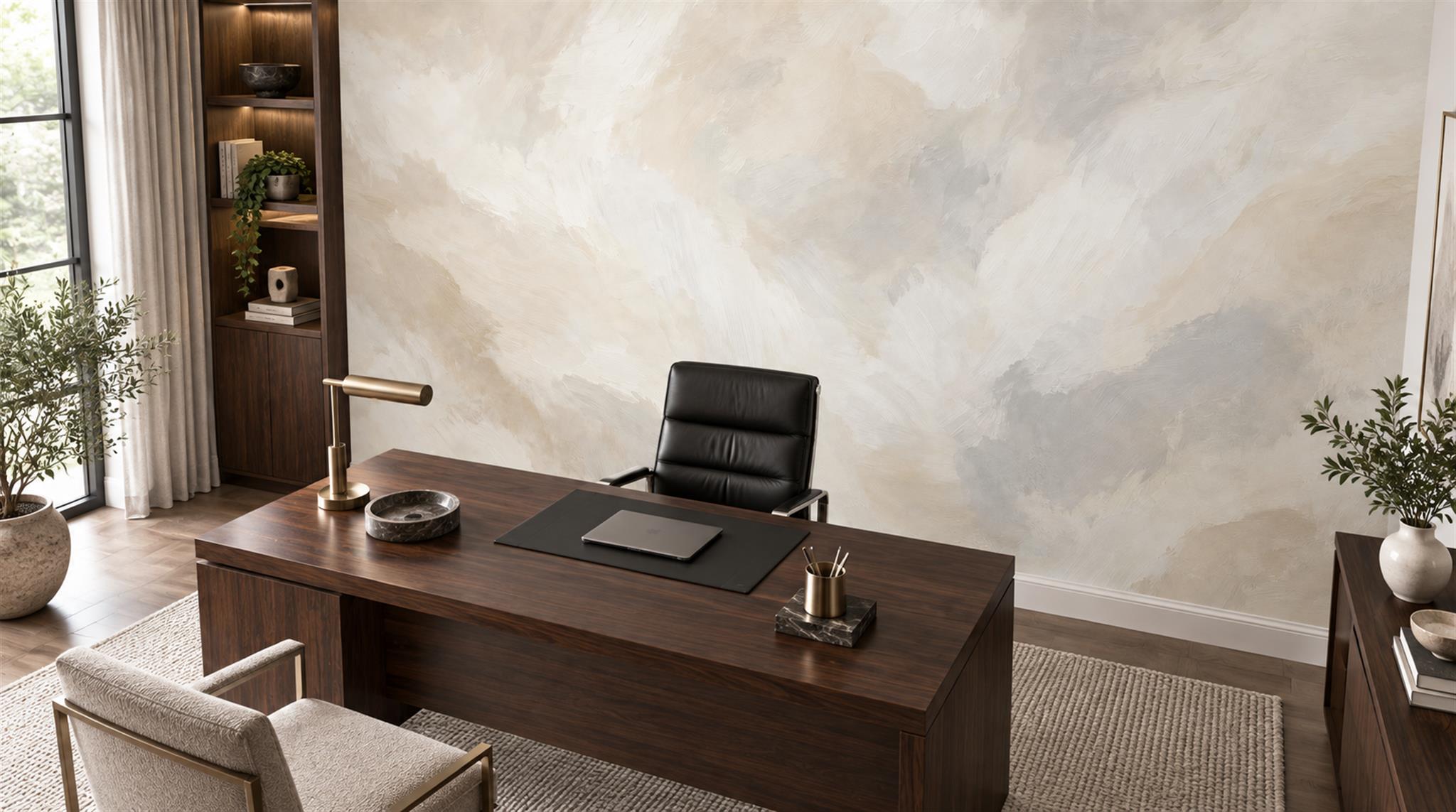 Ivory And Neutral Decorative Patterning Textured Wallpaper Mural Office-wallpaper-murals, Shown In A Home Office, Peel-and-stick Finish