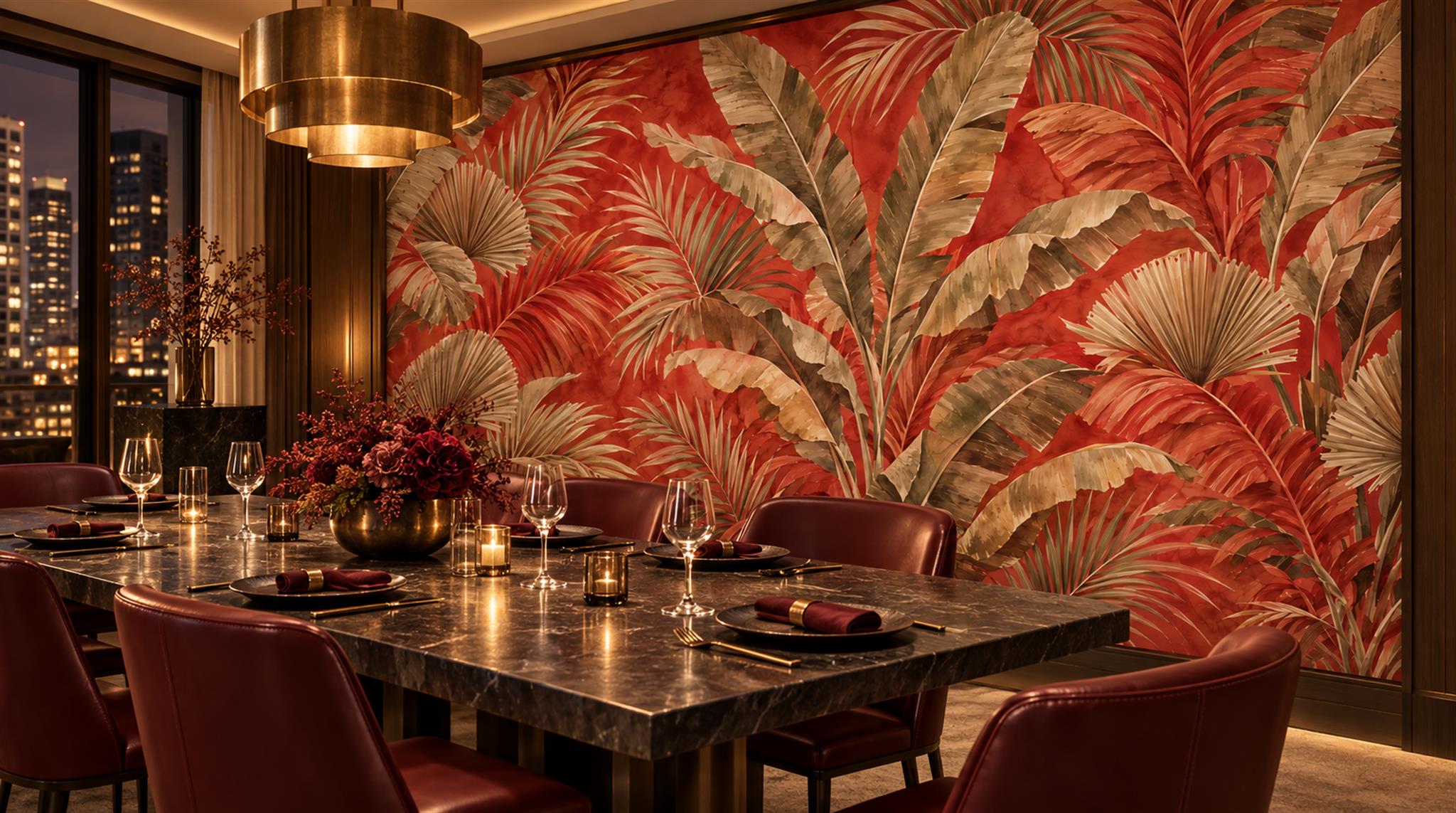 Neutral Palm Leaves Wallpaper Mural Dining-room-wallpaper-murals, Shown In A Dining Room, Peel-and-stick Finish