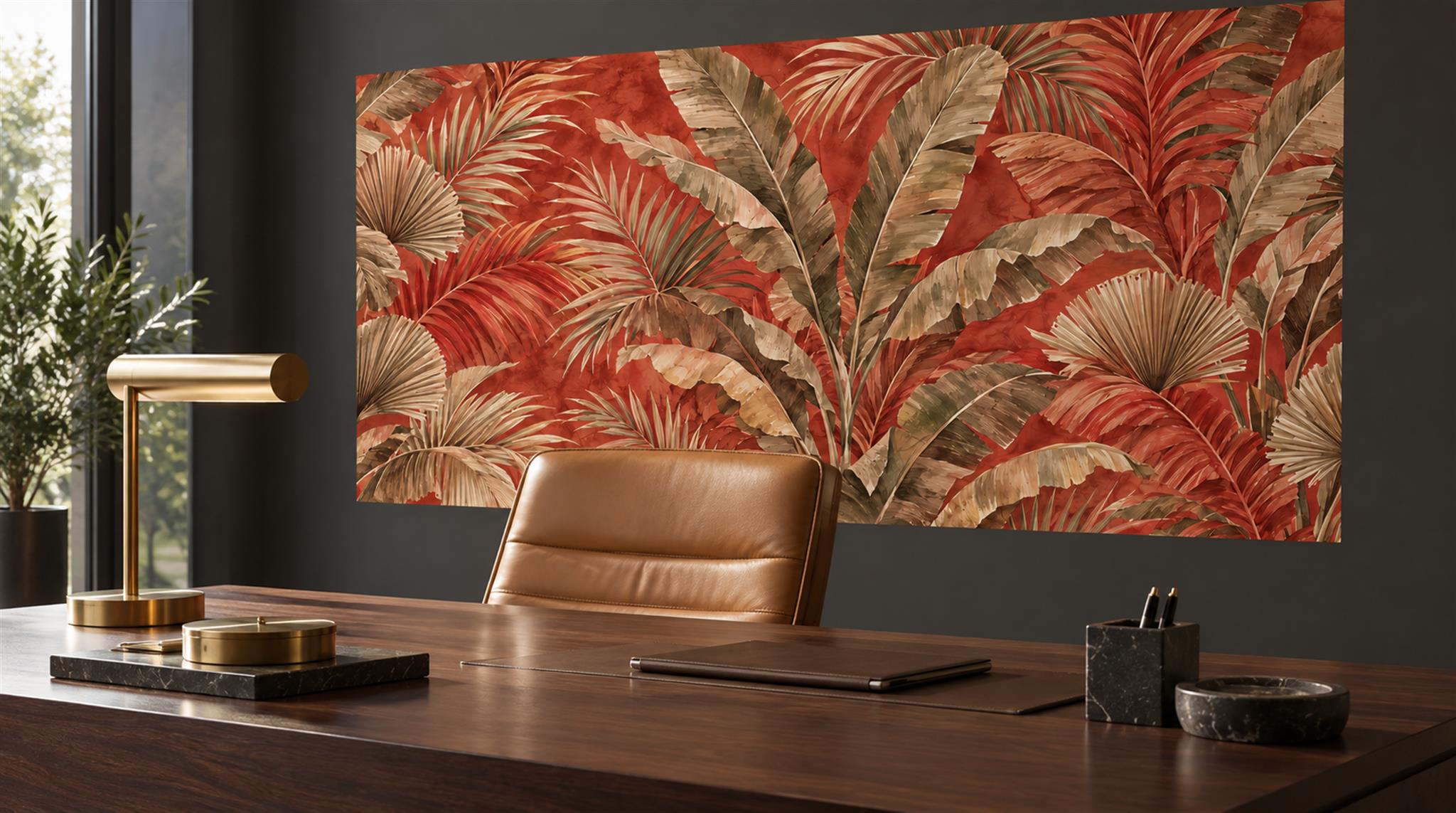 Neutral Palm Leaves Wallpaper Mural Office-wallpaper-murals, Shown In A Home Office, Peel-and-stick Finish