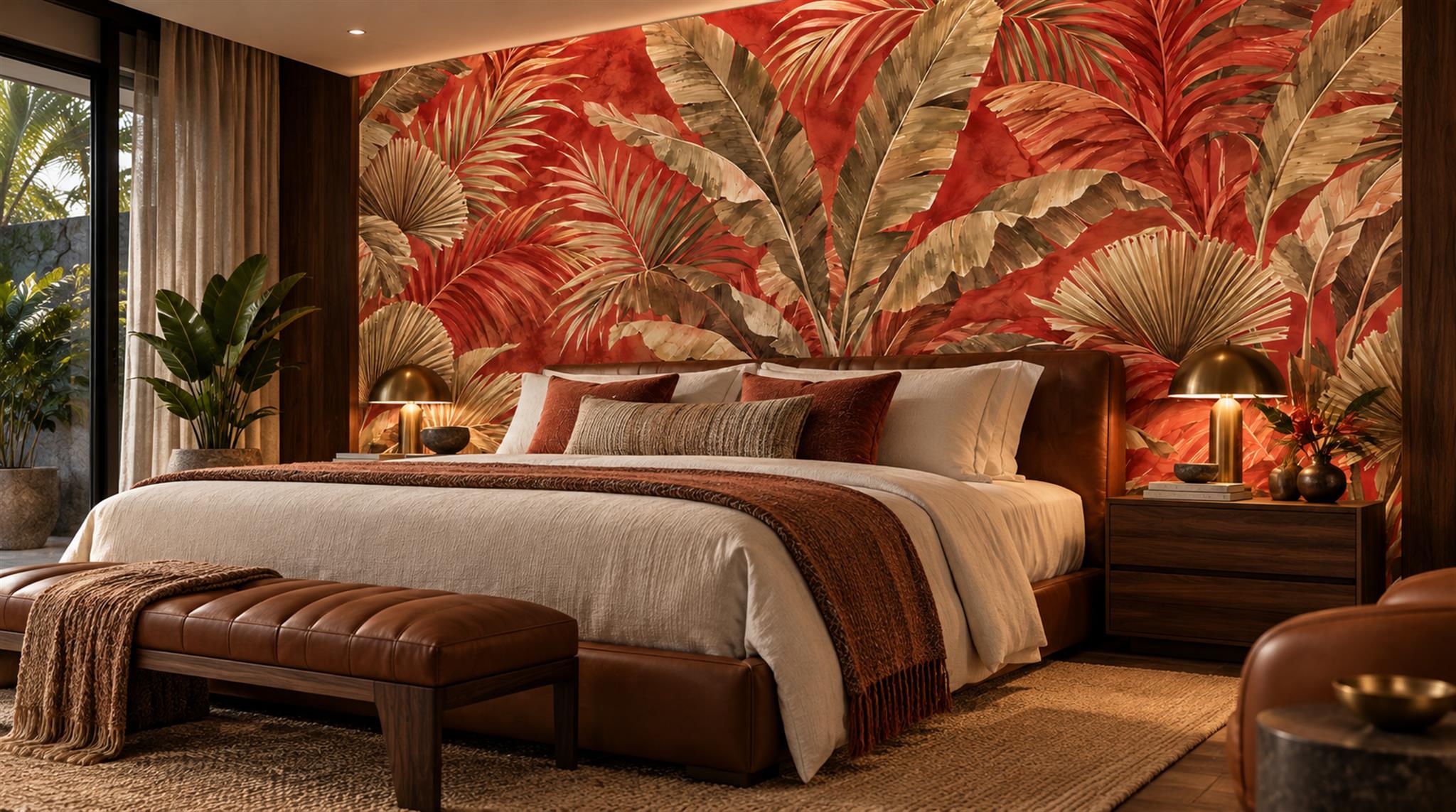 Neutral Palm Leaves Wallpaper Mural Bedroom-wallpaper-murals, Peel-and-stick Finish