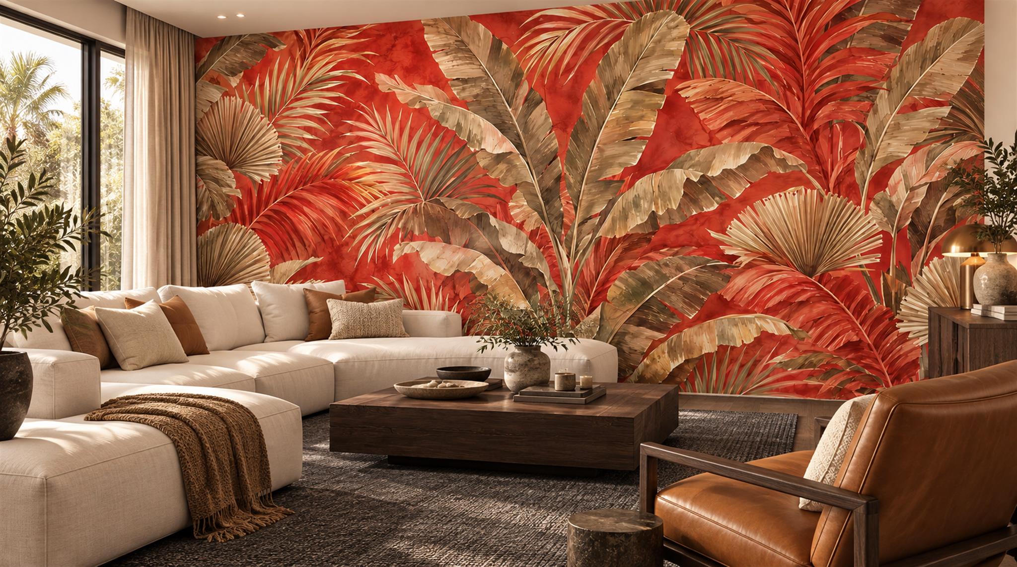 Neutral Palm Leaves Wallpaper Mural Living-room-wallpaper-murals, Shown In A Living Room, Peel-and-stick Finish