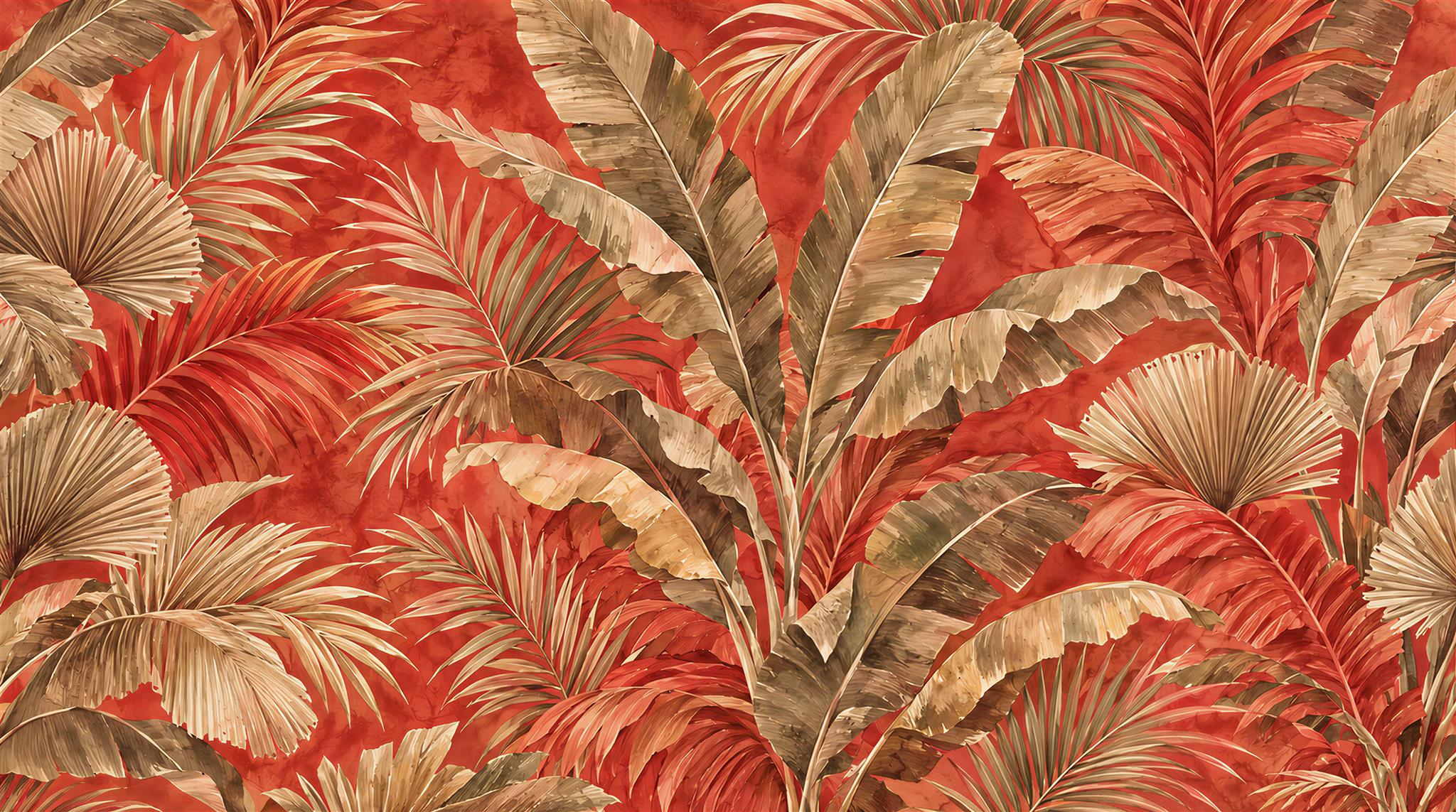 Rust Red And Green Tropical Palm Leaves Wallpaper Mural — Wallpaper Mural Design, Peel-and-stick Finish