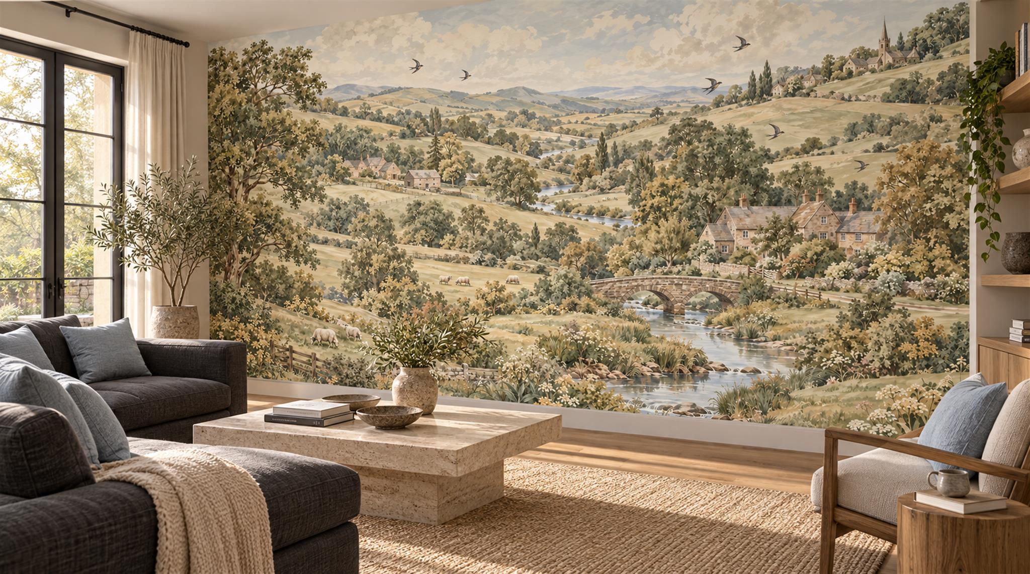 Red And Olive A Painterly Scenic View Textured Wallpaper Living-room-wallpaper-murals, Shown In A Living Room, Peel-and-stick Finish