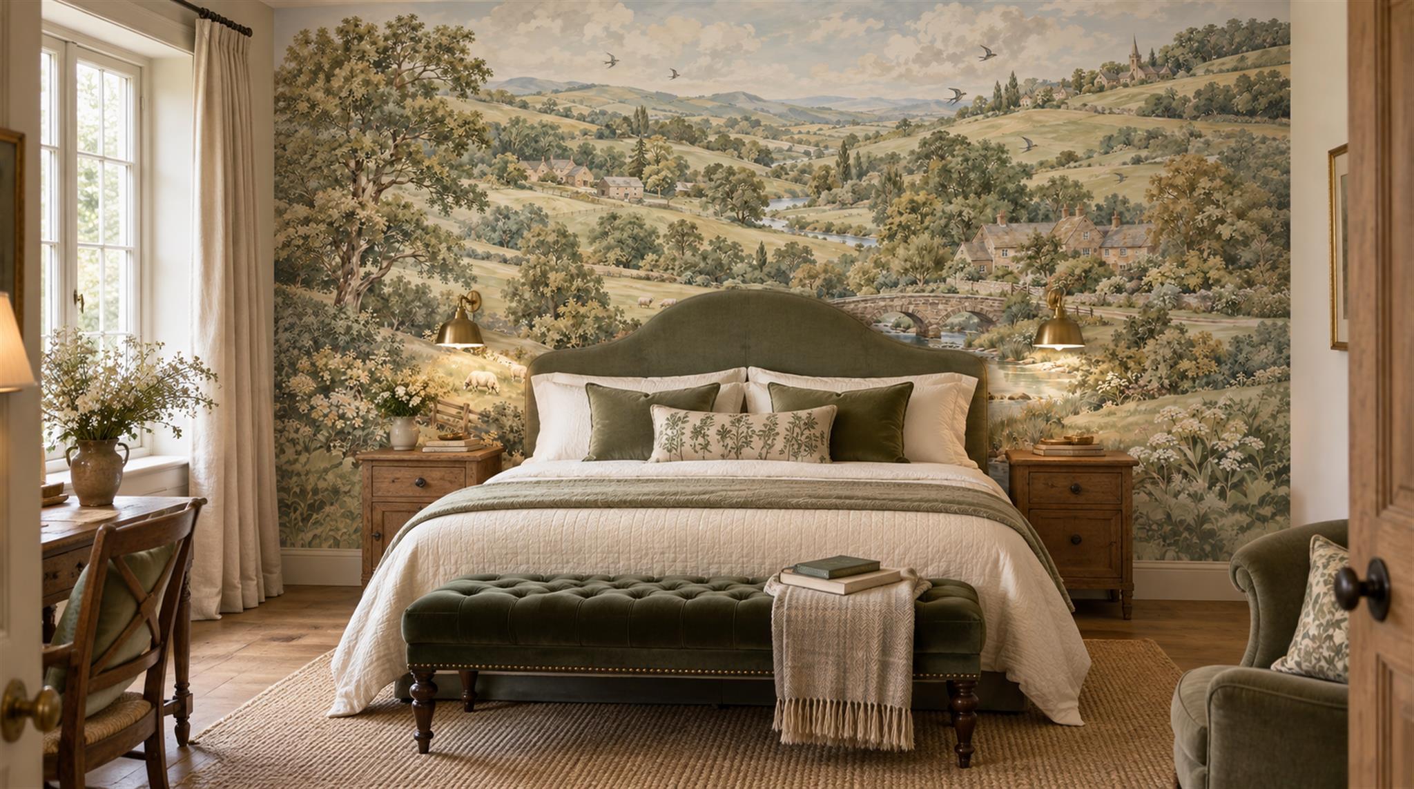Red And Olive A Painterly Scenic View Textured Wallpaper Accent-wall-wallpaper-murals, Peel-and-stick Finish