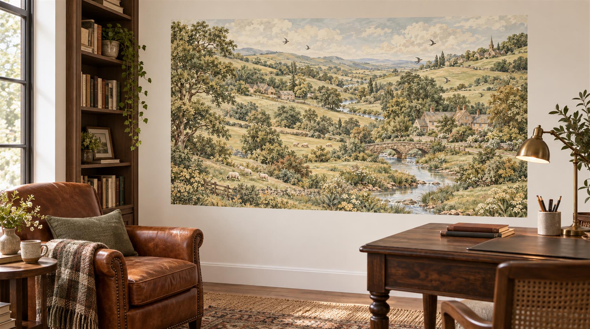 Red And Olive A Painterly Scenic View Textured Wallpaper Home-office-wallpaper-murals, Peel-and-stick Finish