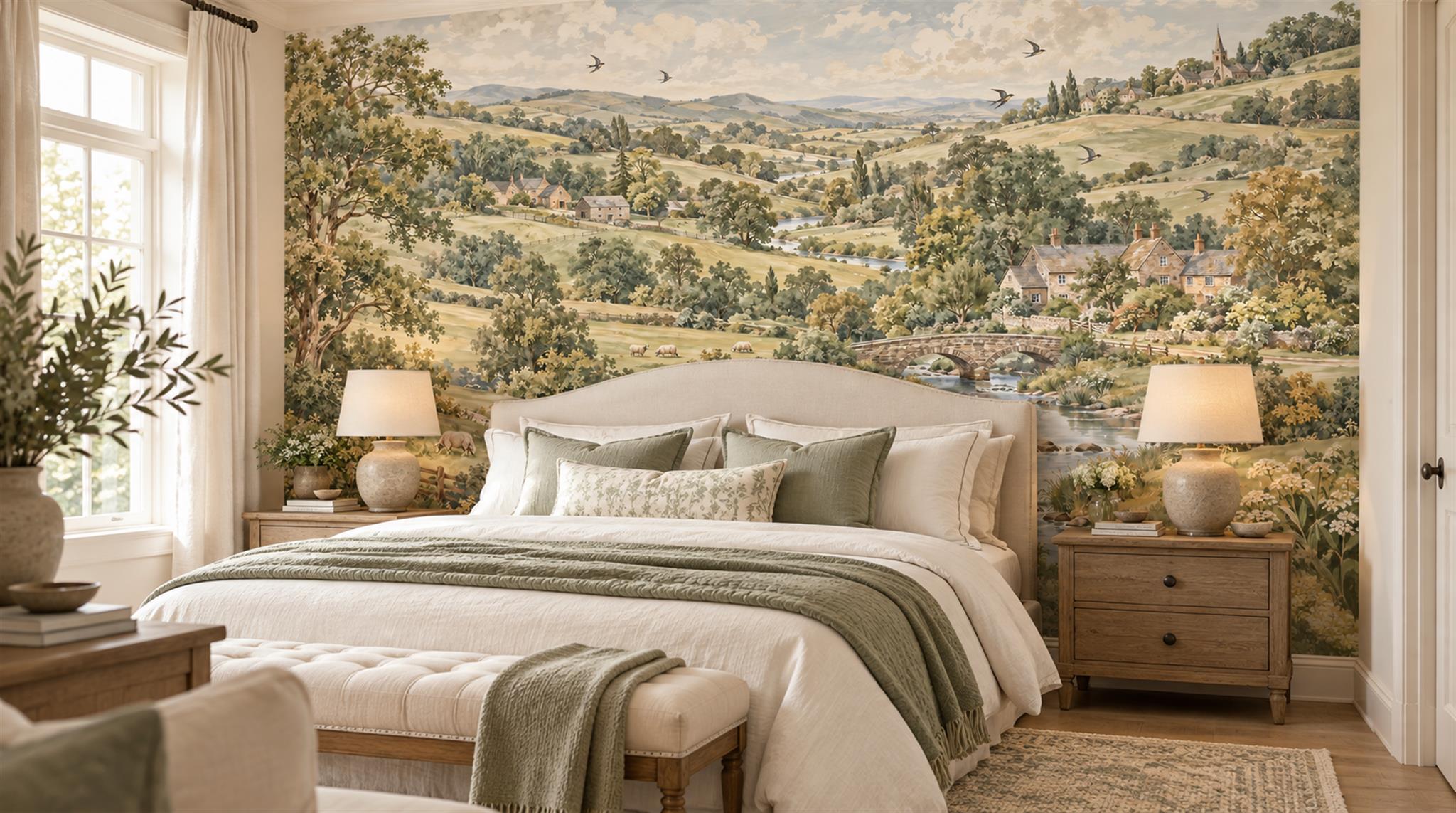 Red And Olive A Painterly Scenic View Textured Wallpaper Bedroom-wallpaper-murals, Peel-and-stick Finish