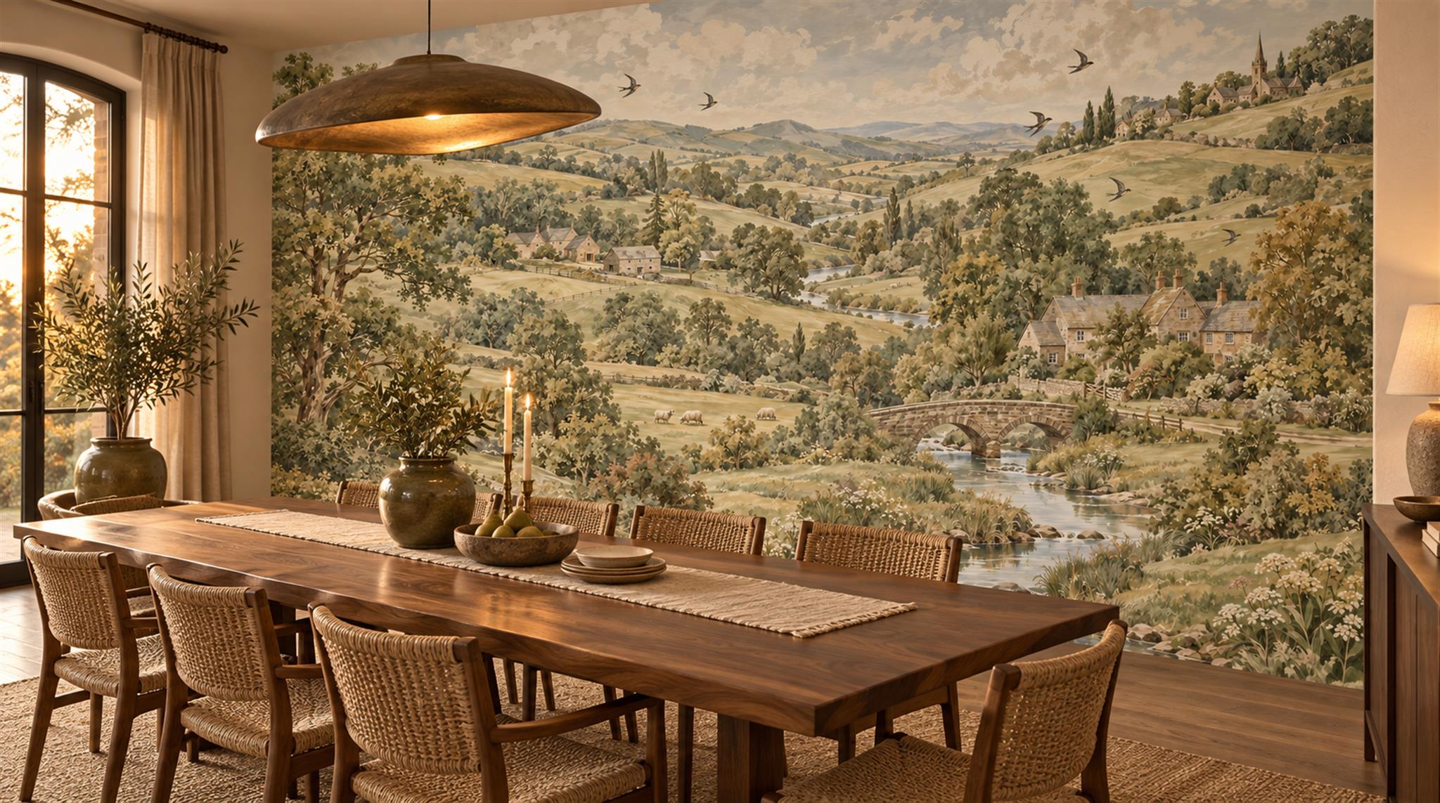 Red And Olive A Painterly Scenic View Textured Wallpaper Accent-wall-wallpaper-murals, Peel-and-stick Finish