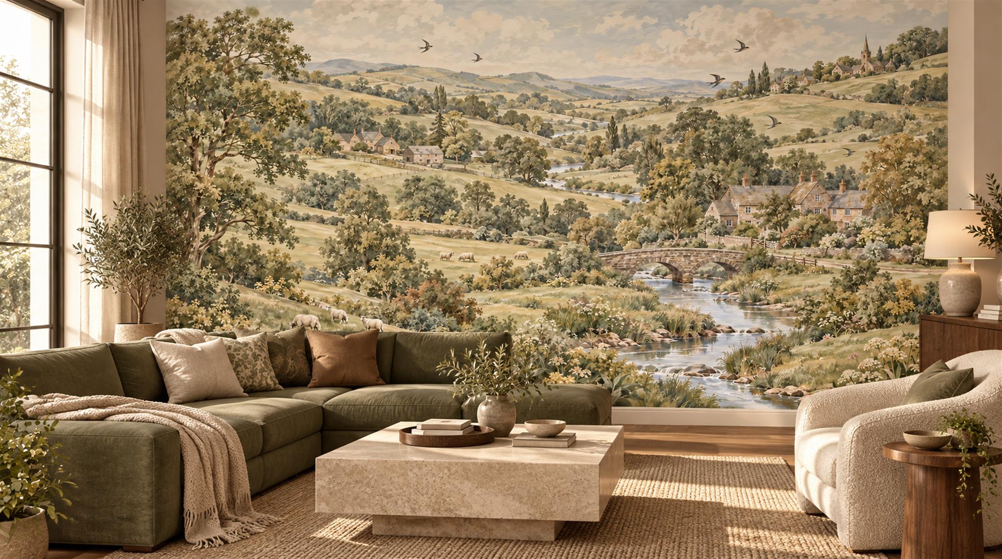 Olive And Neutral A Painterly Scenic View Wallpaper Mural Living-room-wallpaper-murals, Shown In A Living Room, Peel-and-stick Finish