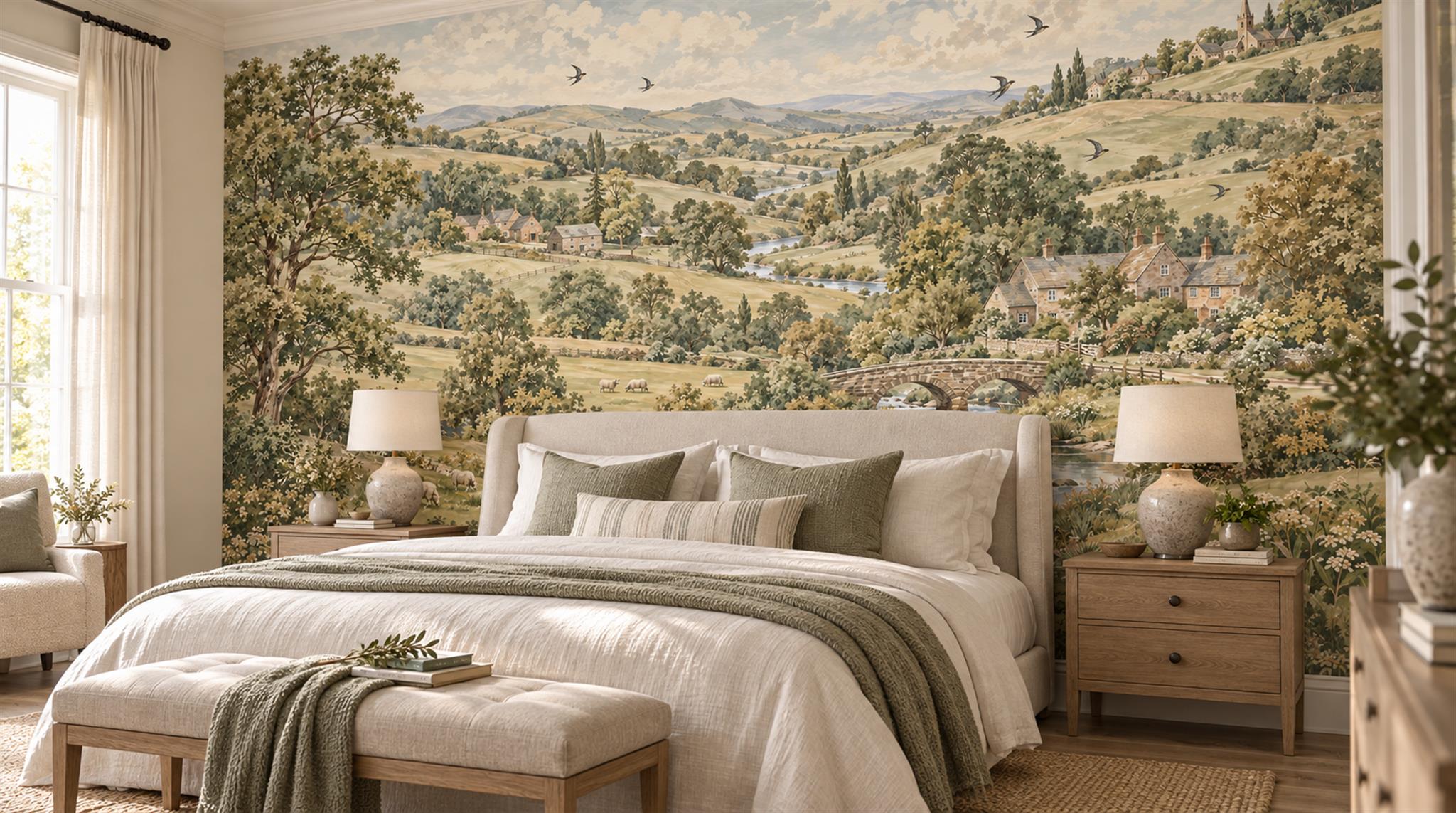 Olive And Neutral A Painterly Scenic View Wallpaper Mural Bedroom-wallpaper-murals, Peel-and-stick Finish
