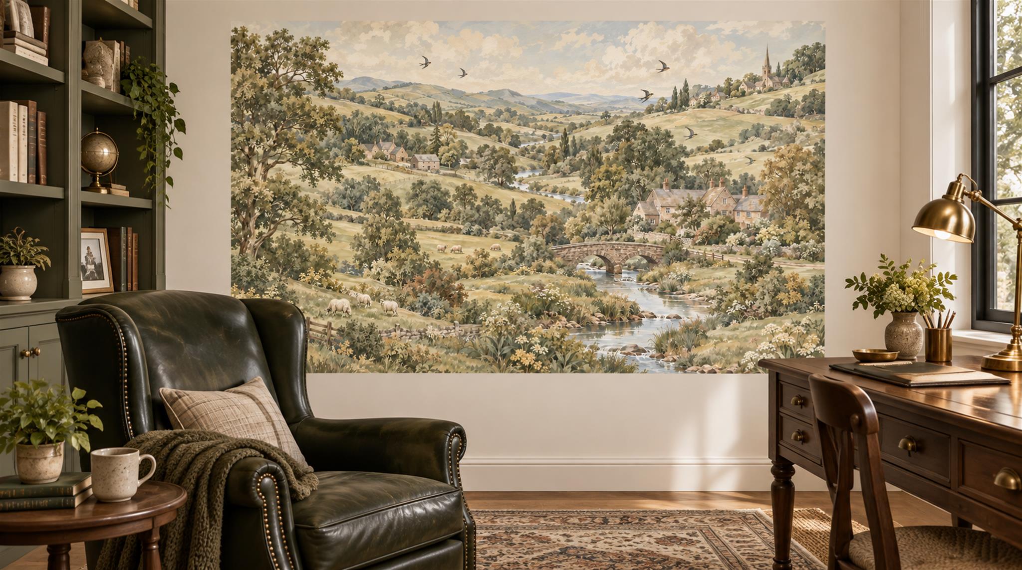 Olive And Neutral A Painterly Scenic View Wallpaper Mural Home-office-wallpaper-murals, Shown In A Home Office, Peel-and-stick Finish