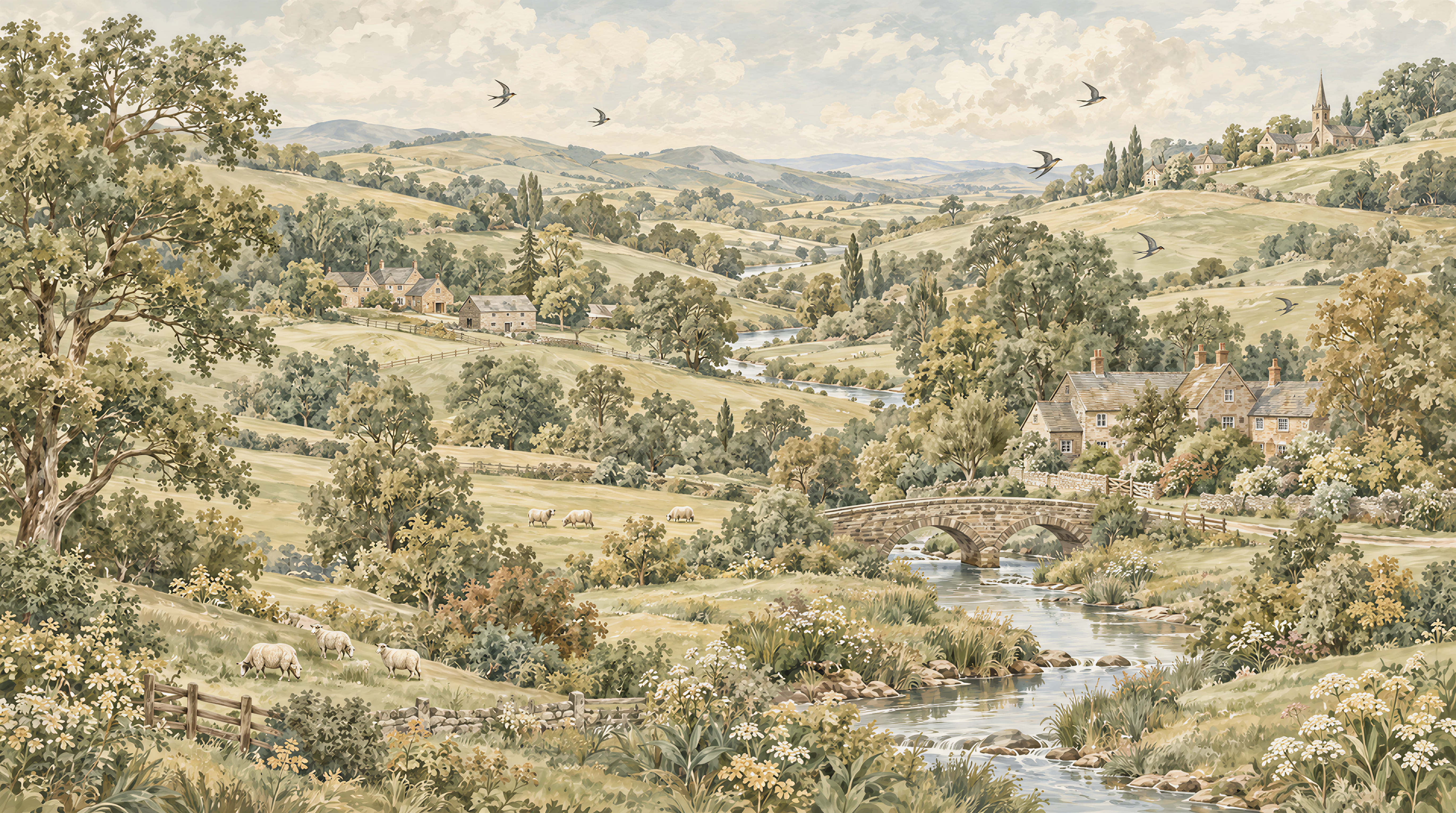Olive And Neutral A Painterly Scenic View Wallpaper Mural, Peel-and-stick Finish