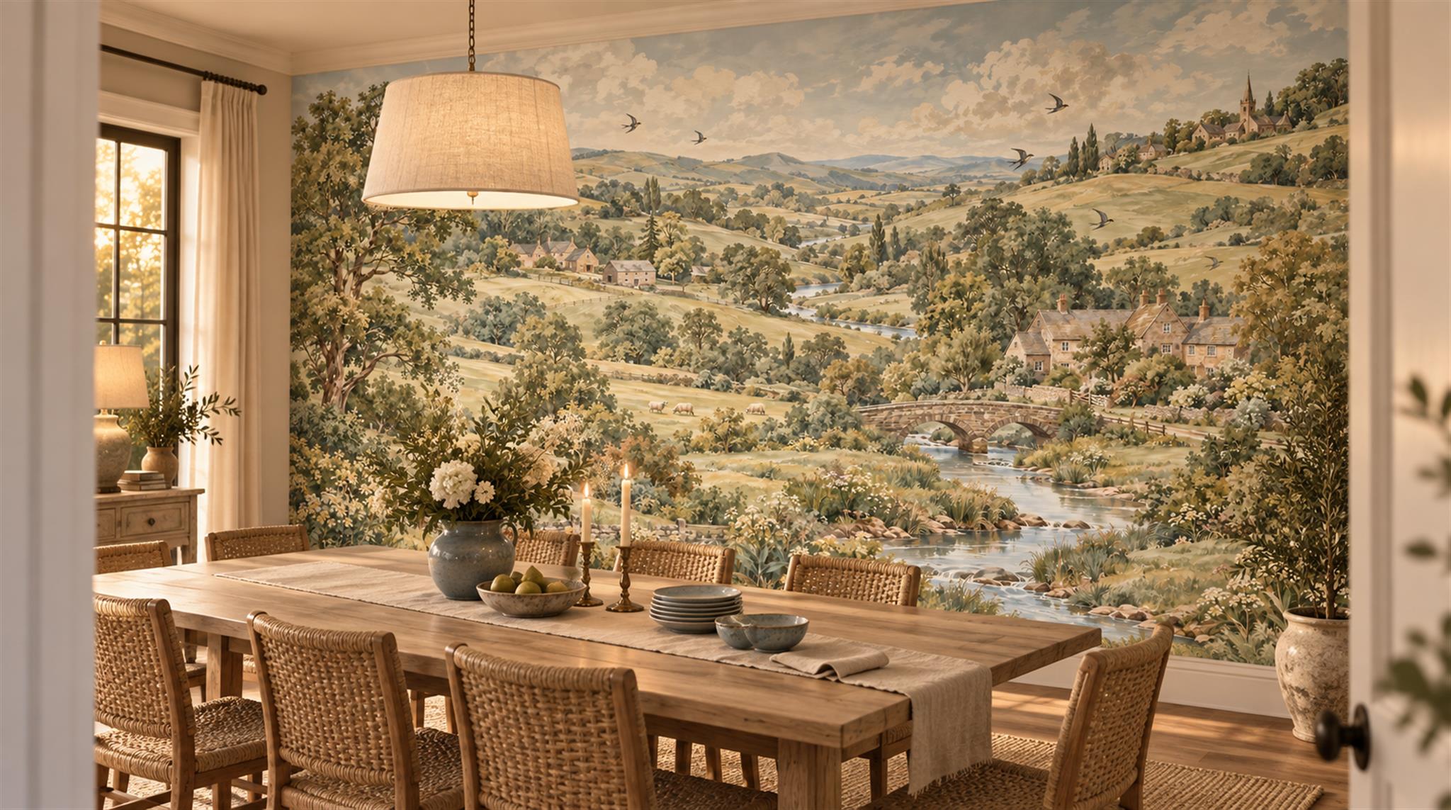 Olive And Neutral A Painterly Scenic View Wallpaper Mural Dining-room-wallpaper-murals, Shown In A Dining Room, Peel-and-stick Finish