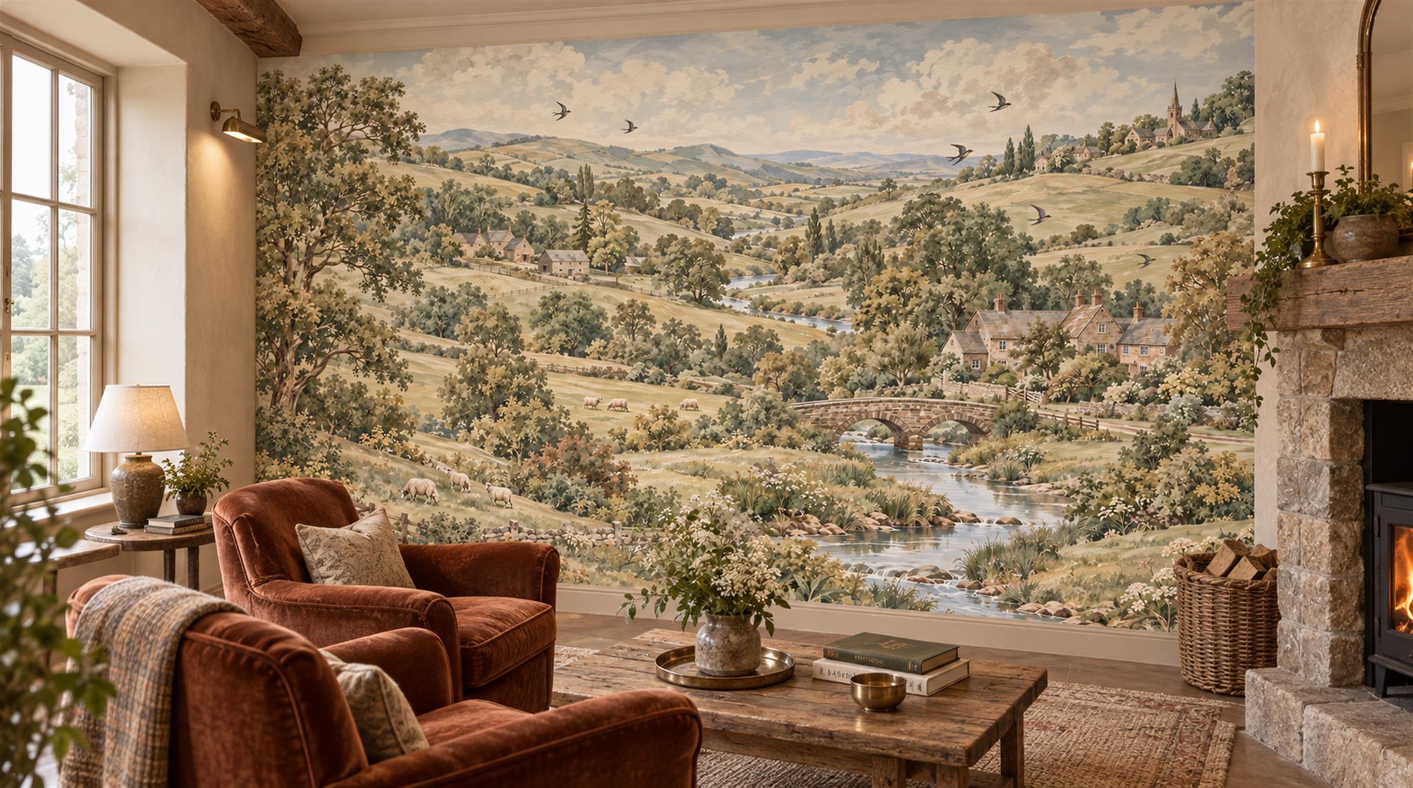 Olive And Neutral A Painterly Scenic View Wallpaper Mural Accent-wall-wallpaper-murals, Peel-and-stick Finish