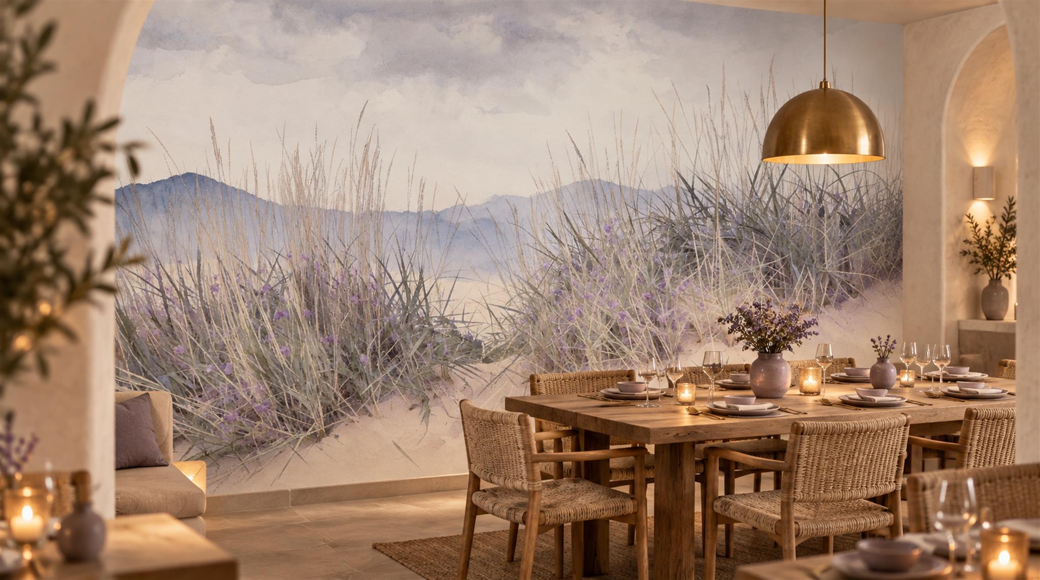 Grey And Neutral Abstract Forms Painterly Wallpaper Mural Dining-room-wallpaper-murals, Shown In A Dining Room, Peel-and-stick Finish