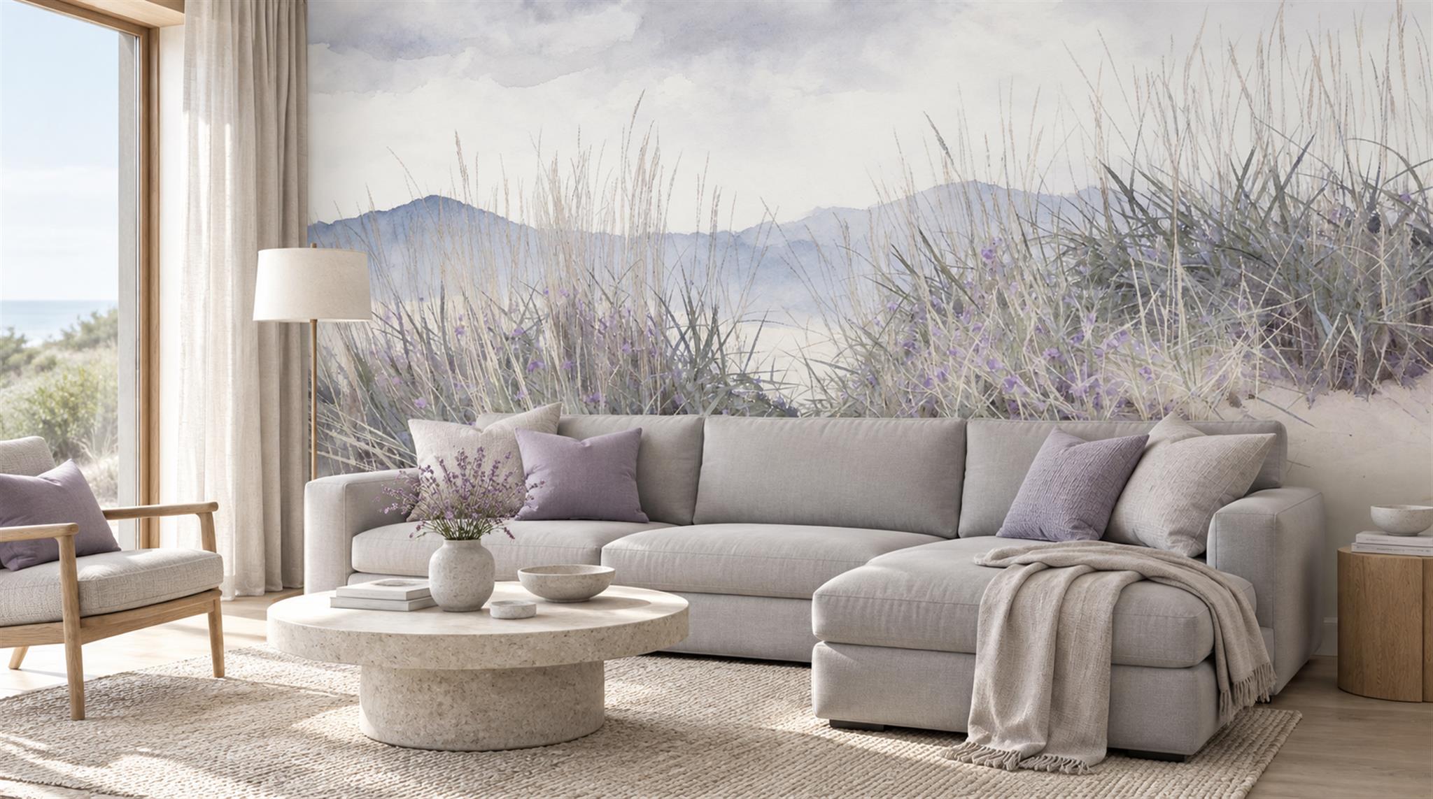 Grey And Neutral Abstract Forms Painterly Wallpaper Mural Living-room-wallpaper-murals, Shown In A Living Room, Peel-and-stick Finish