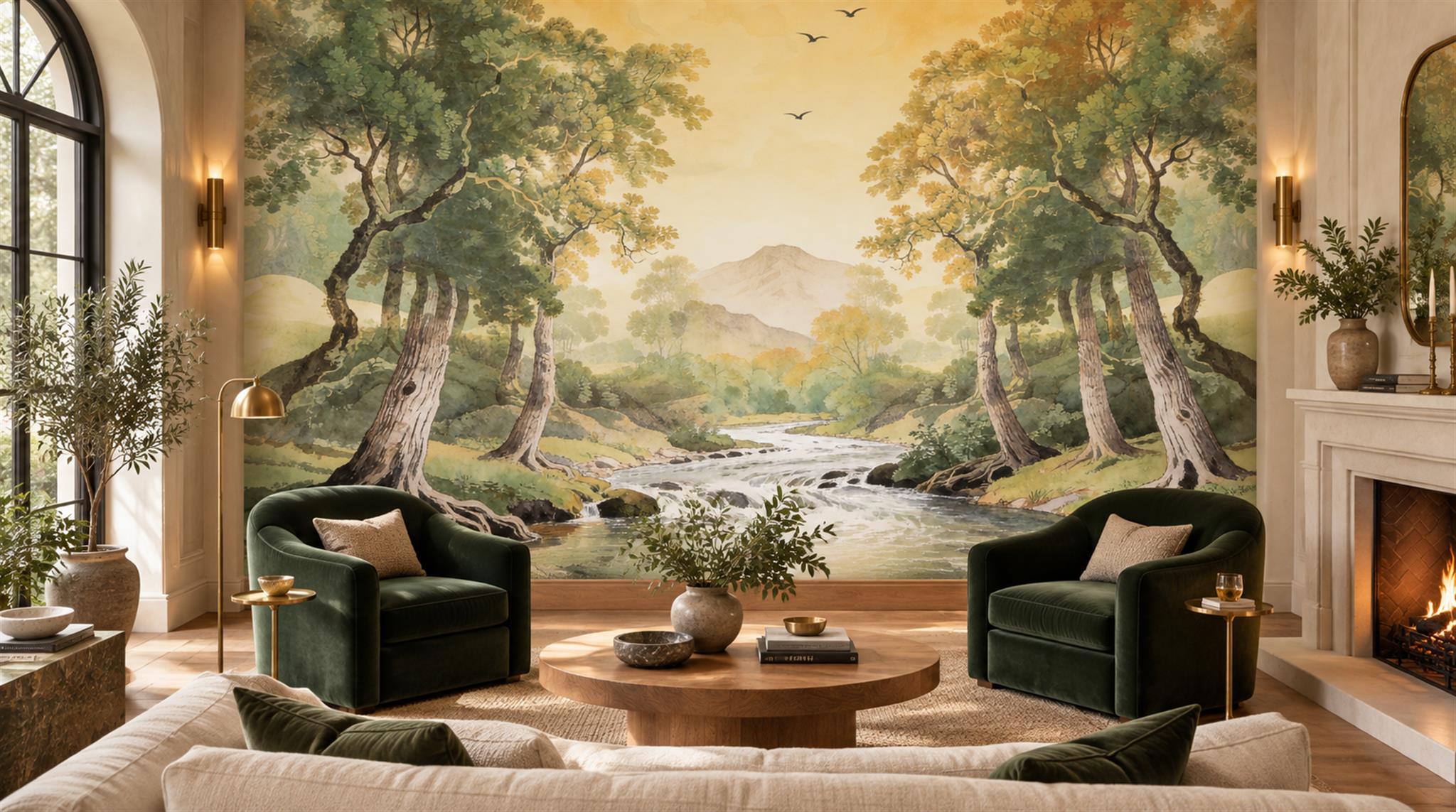 Gold And Neutral A Painterly Scenic View Layered Wallpaper Accent-wall-wallpaper-murals, Peel-and-stick Finish