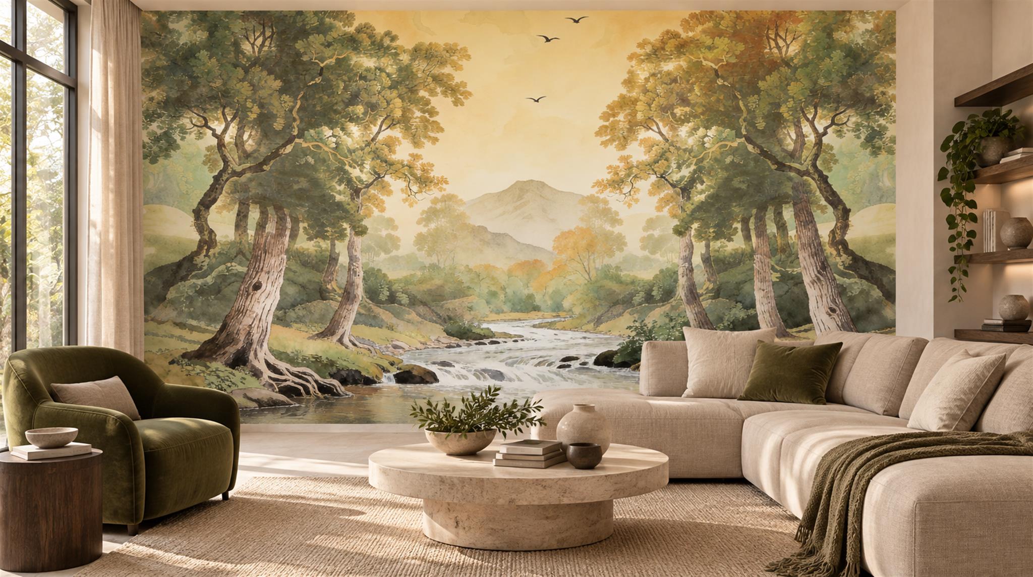 Gold And Neutral A Painterly Scenic View Layered Wallpaper Living-room-wallpaper-murals, Shown In A Living Room, Peel-and-stick Finish