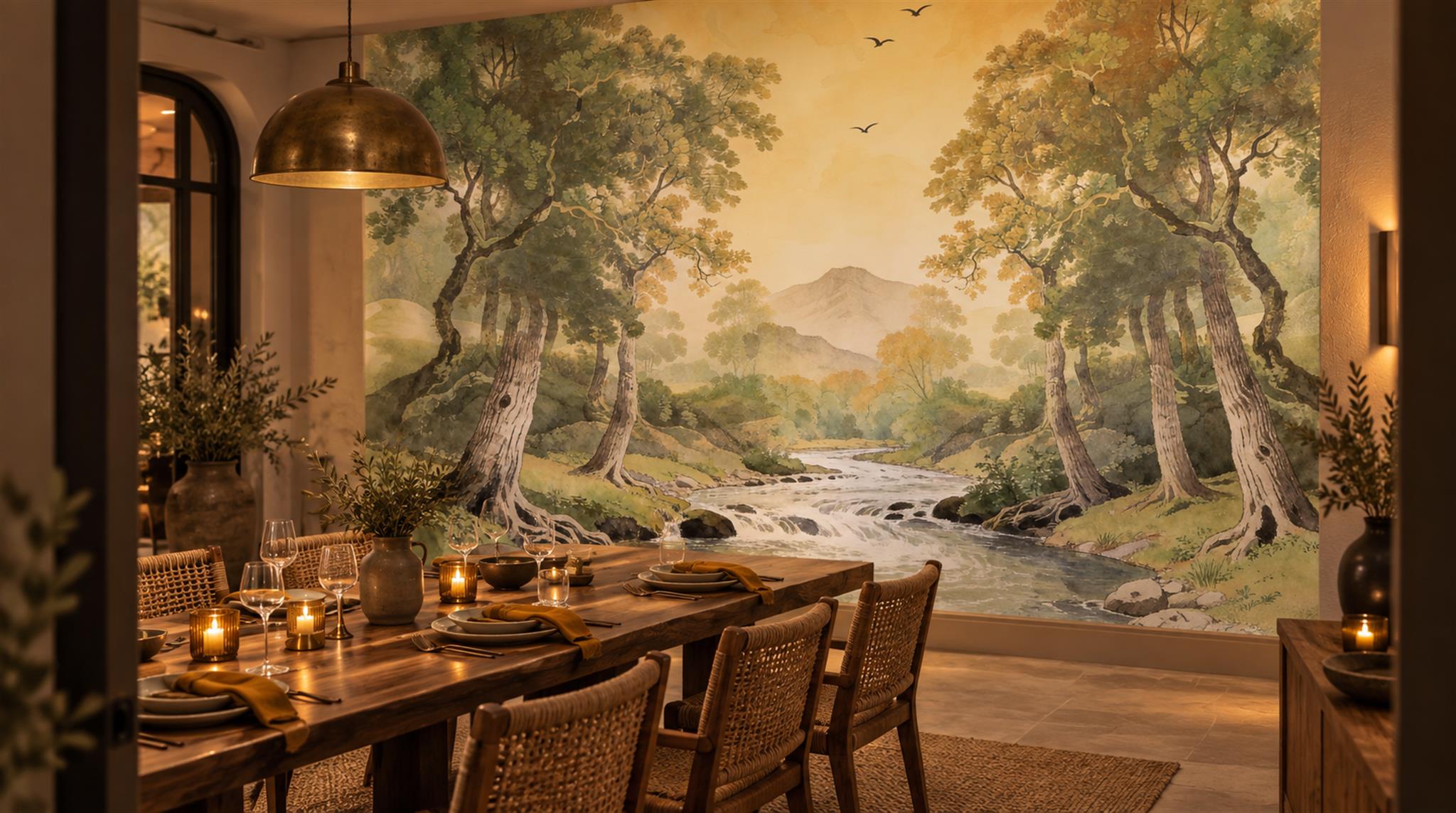 Gold And Neutral A Painterly Scenic View Layered Wallpaper Dining-room-wallpaper-murals, Shown In A Dining Room, Peel-and-stick Finish