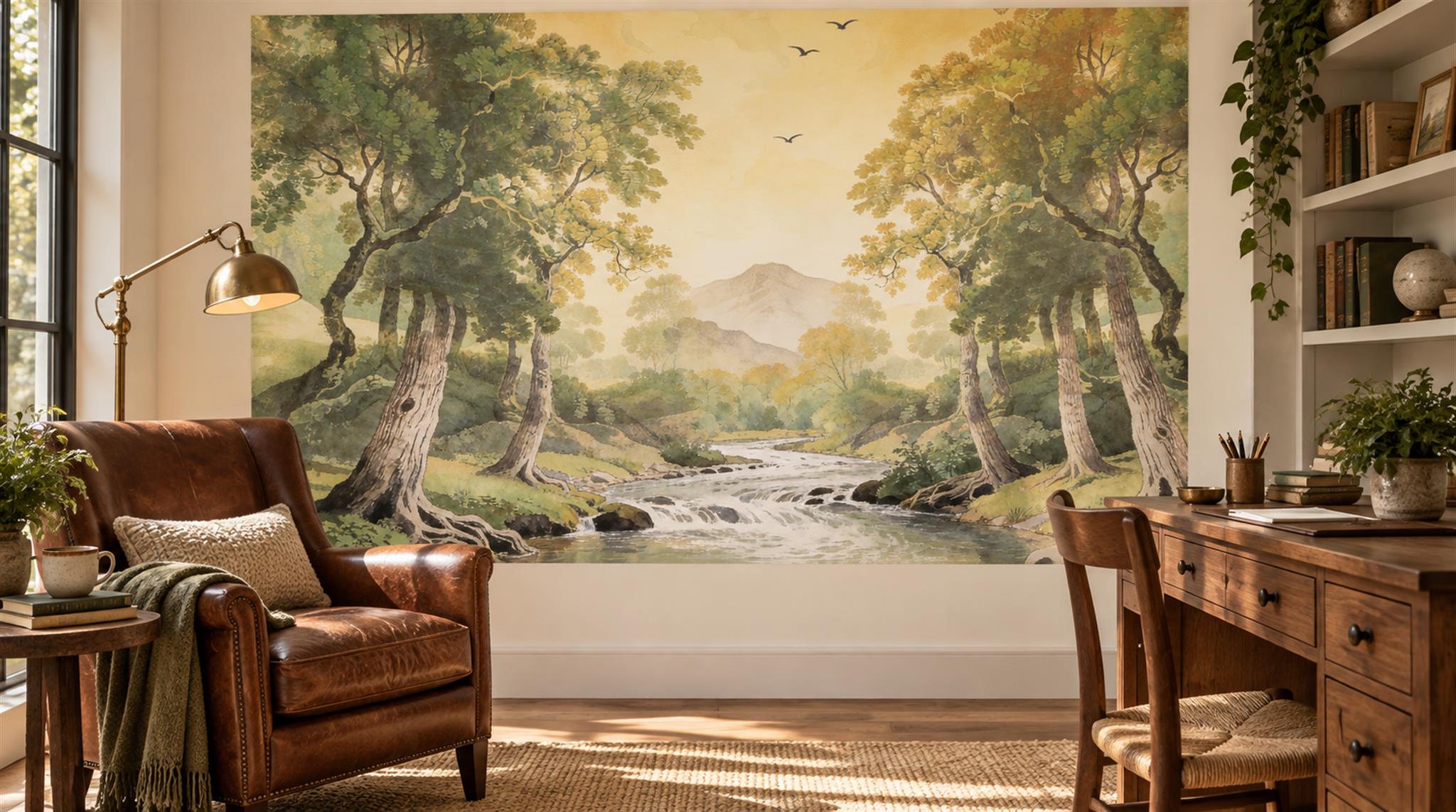 Gold And Neutral A Painterly Scenic View Layered Wallpaper Home-office-wallpaper-murals, Shown In A Home Office, Peel-and-stick Finish