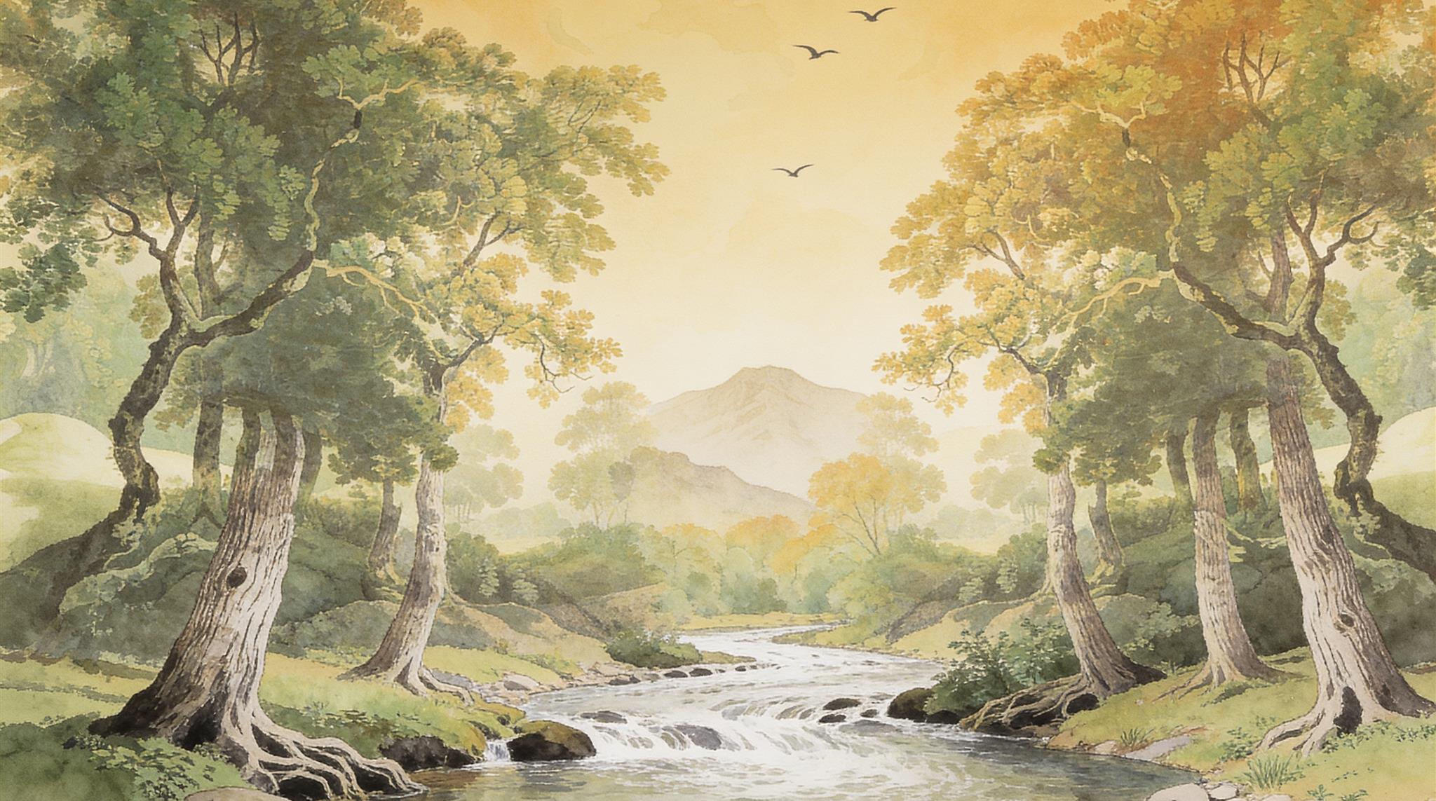 Gold And Neutral A Painterly Scenic View Layered Wallpaper Accent-wall-wallpaper-murals, Peel-and-stick Finish