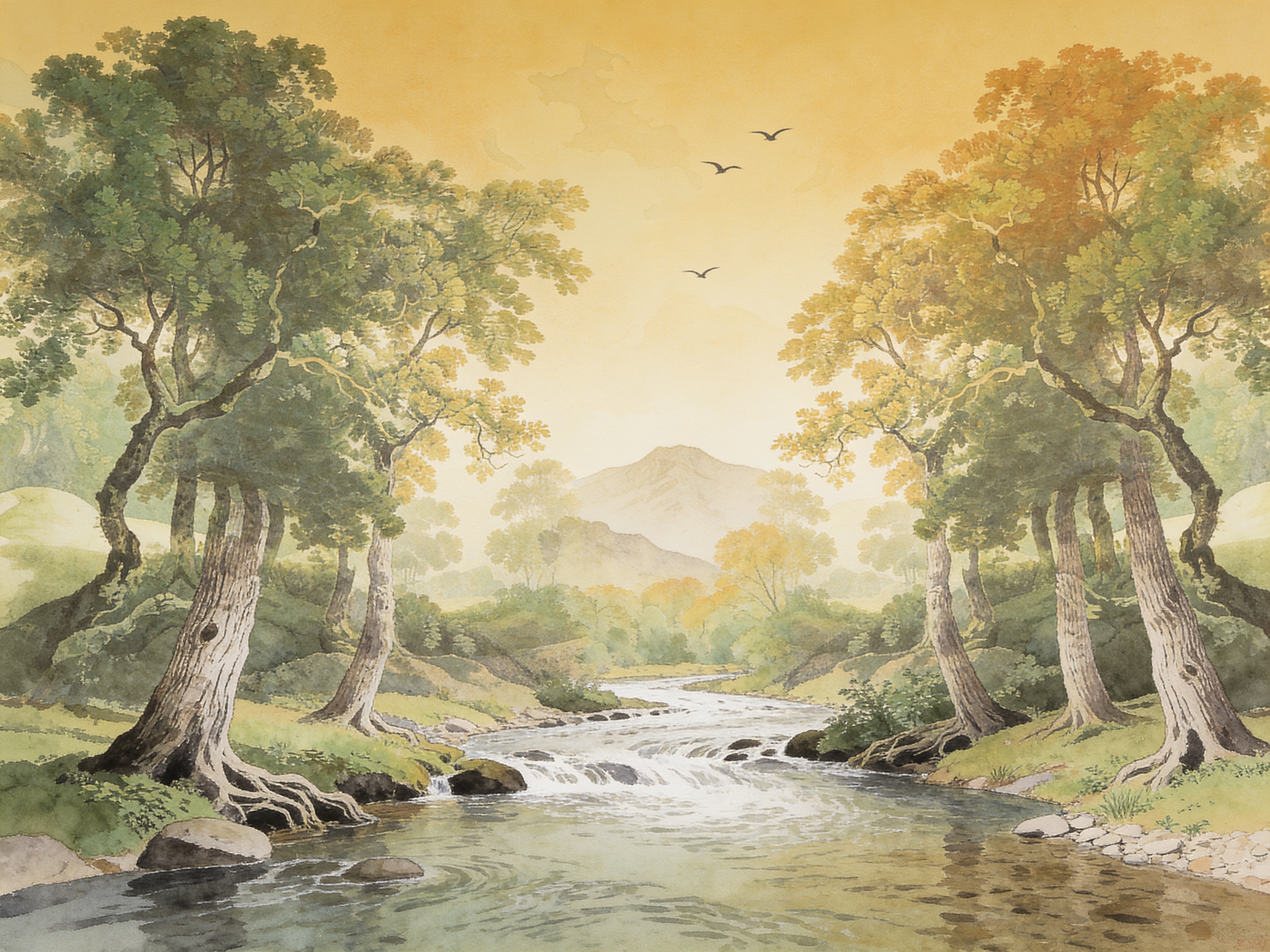 Gold And Neutral A Painterly Scenic View Layered Wallpaper, Peel-and-stick Finish