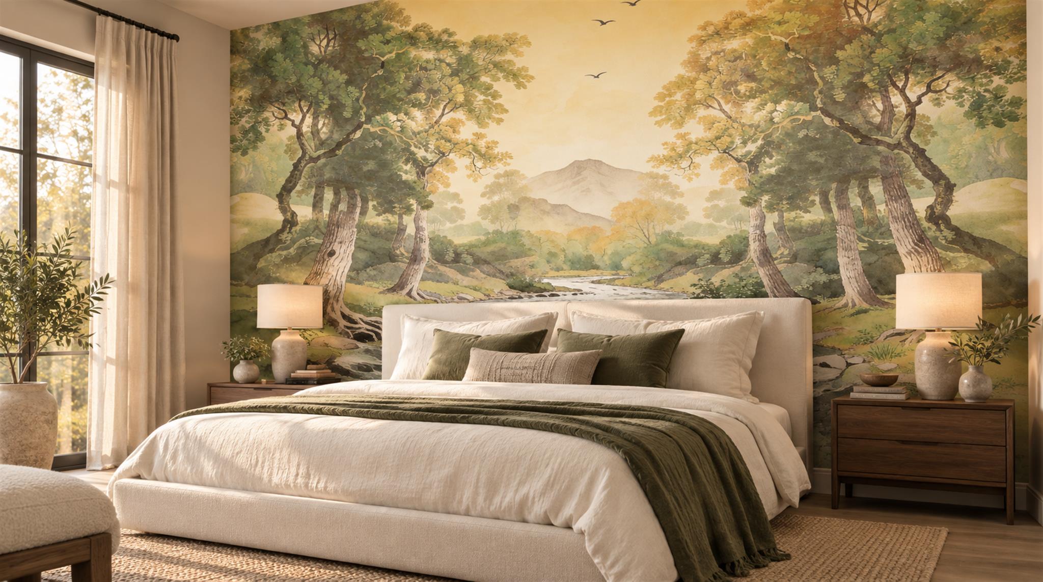 Gold And Neutral A Painterly Scenic View Layered Wallpaper Accent-wall-wallpaper-murals, Peel-and-stick Finish