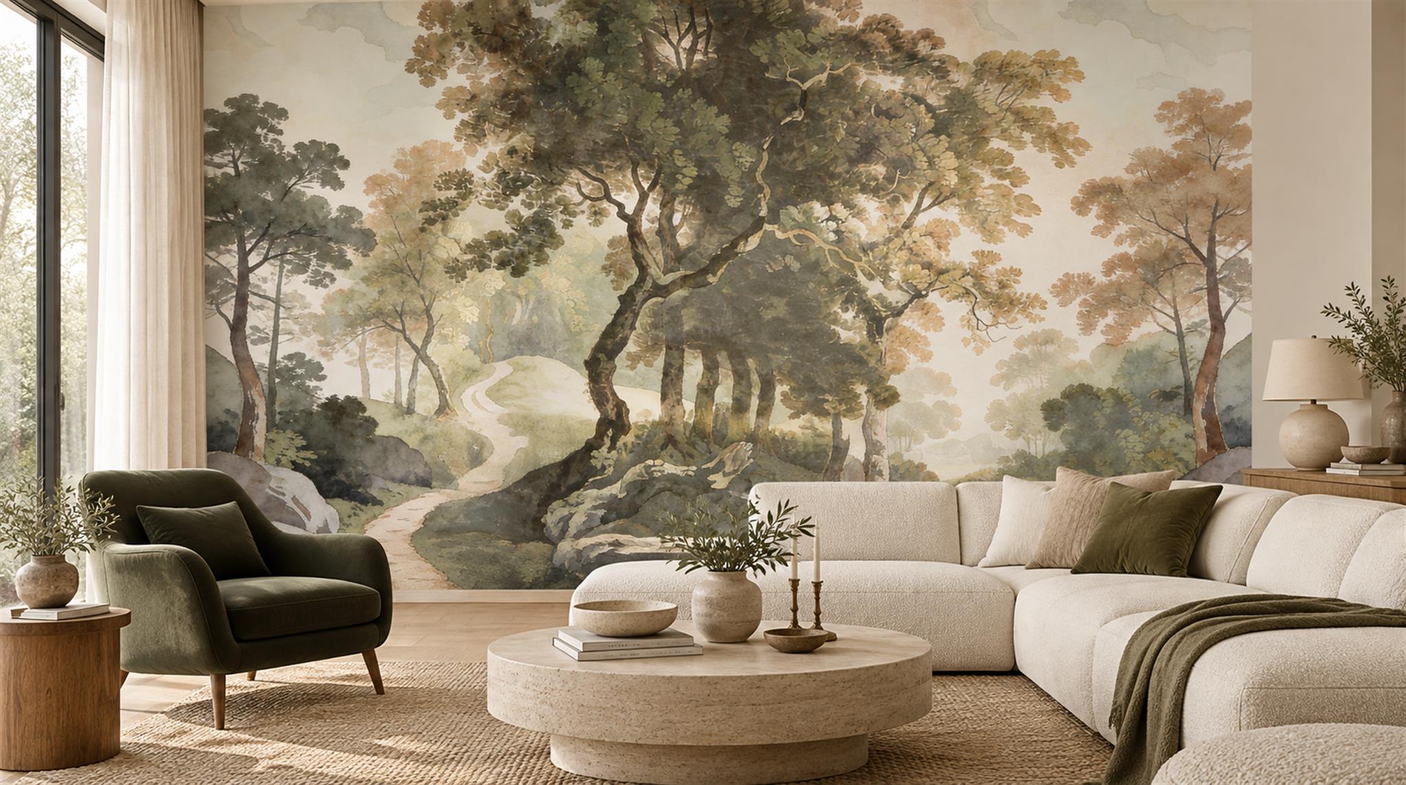 Neutral A Painterly Scenic View Painterly Wallpaper Mural Living-room-wallpaper-murals, Peel-and-stick Finish
