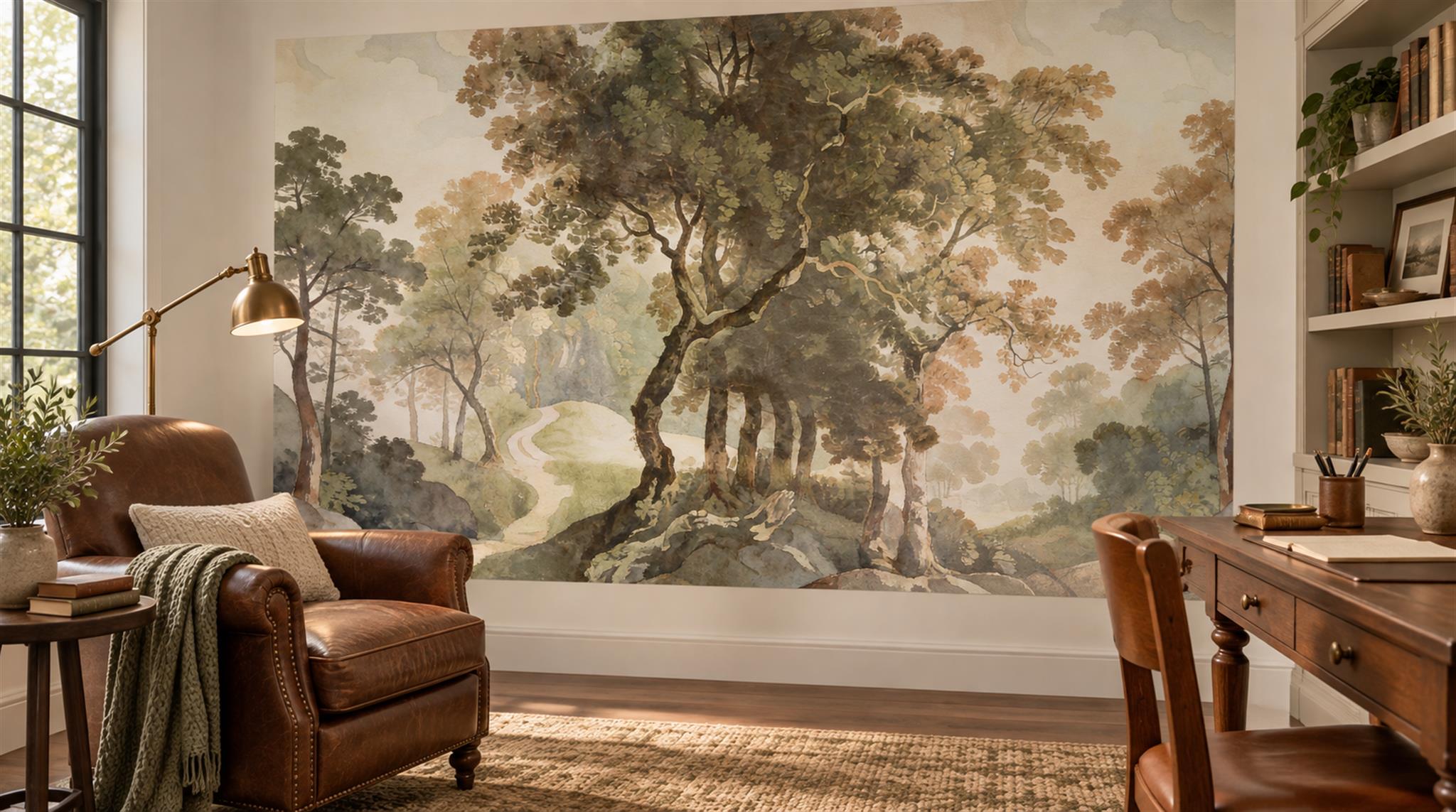 Neutral A Painterly Scenic View Painterly Wallpaper Mural Home-office-wallpaper-murals, Peel-and-stick Finish