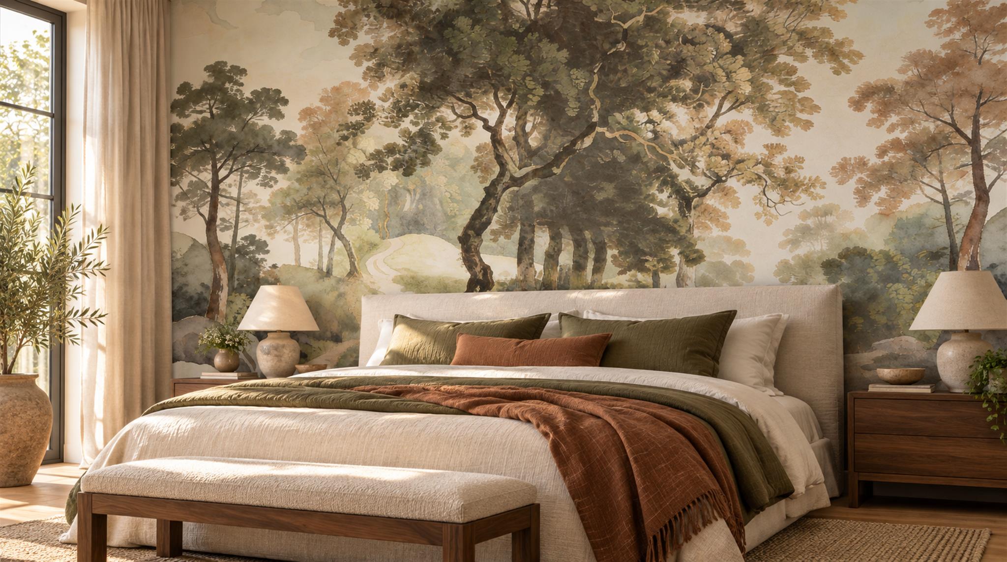 Neutral A Painterly Scenic View Painterly Wallpaper Mural Bedroom-wallpaper-murals, Peel-and-stick Finish