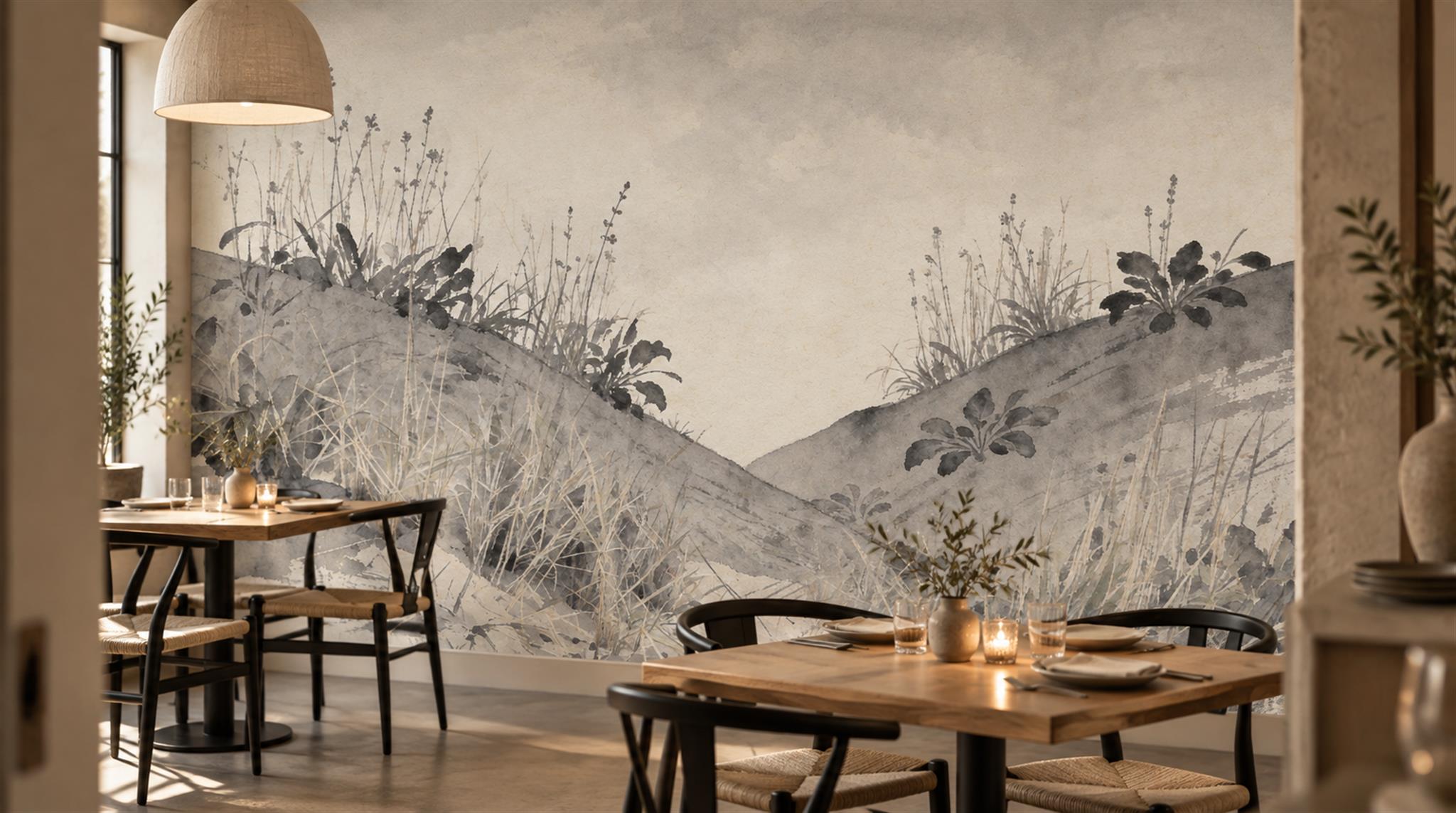 Grey And Neutral Abstract Forms Textured Wallpaper Mural Dining-room-wallpaper-murals, Shown In A Dining Room, Peel-and-stick Finish