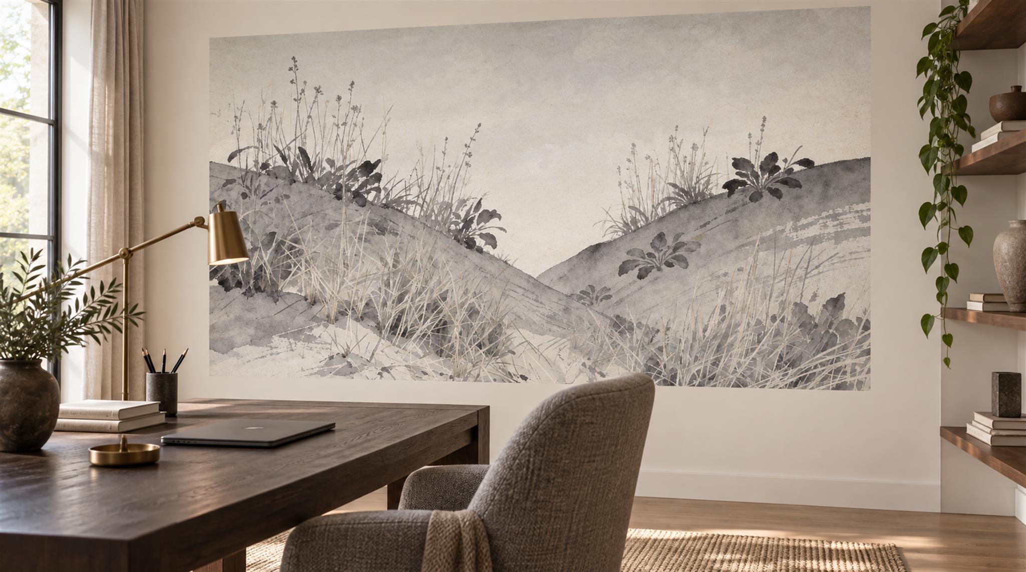 Grey And Neutral Abstract Forms Textured Wallpaper Mural Home-office-wallpaper-murals, Shown In A Home Office, Peel-and-stick Finish