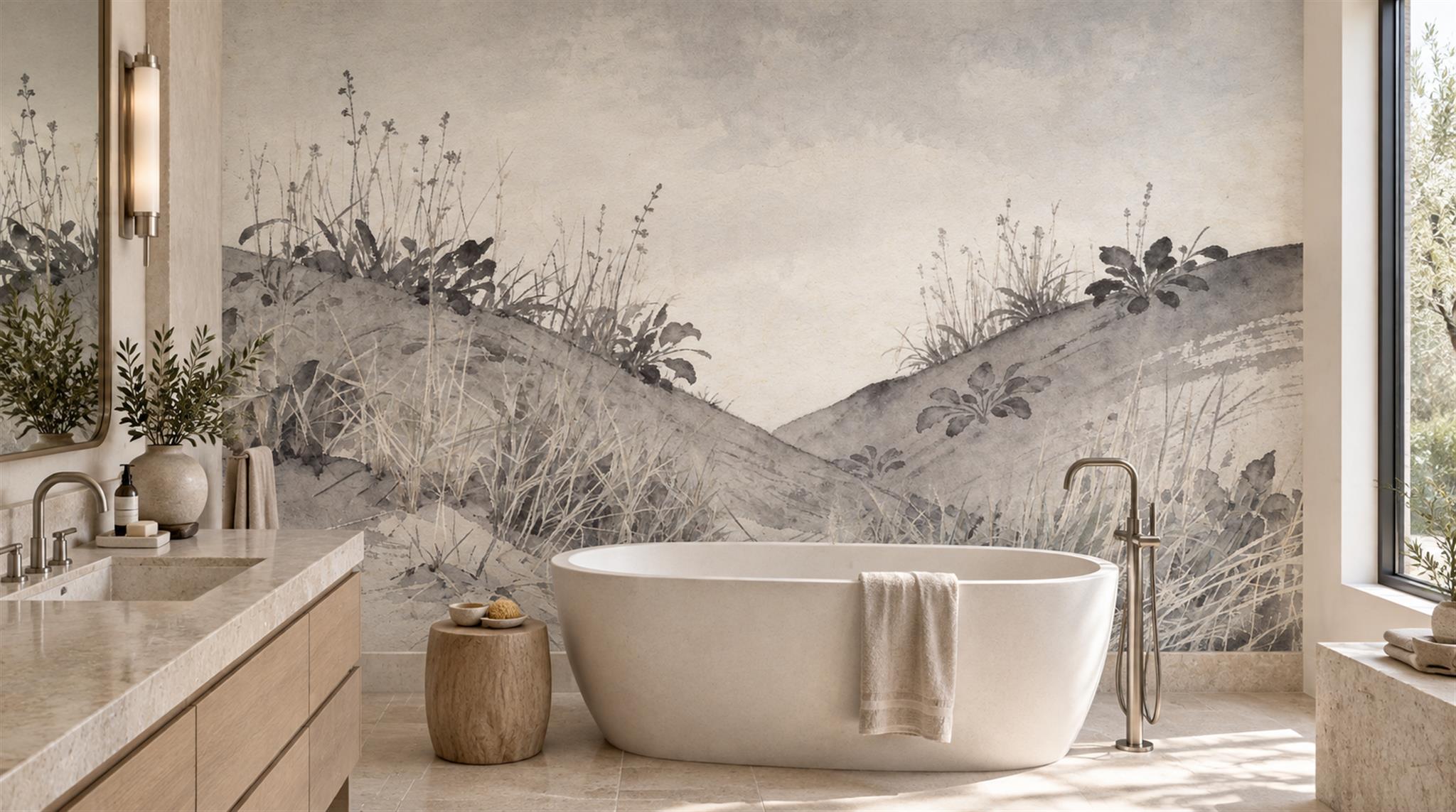 Grey And Neutral Abstract Forms Textured Wallpaper Mural Accent-wall-wallpaper-murals, Peel-and-stick Finish