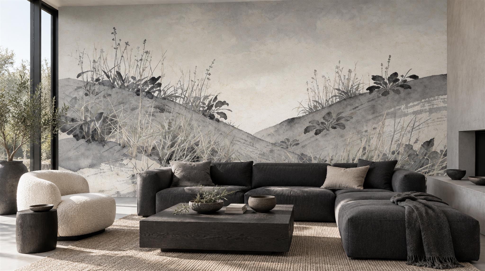 Monochrome Grassy Hills Watercolour Wallpaper Mural — Wallpaper Mural Design, Peel-and-stick Finish
